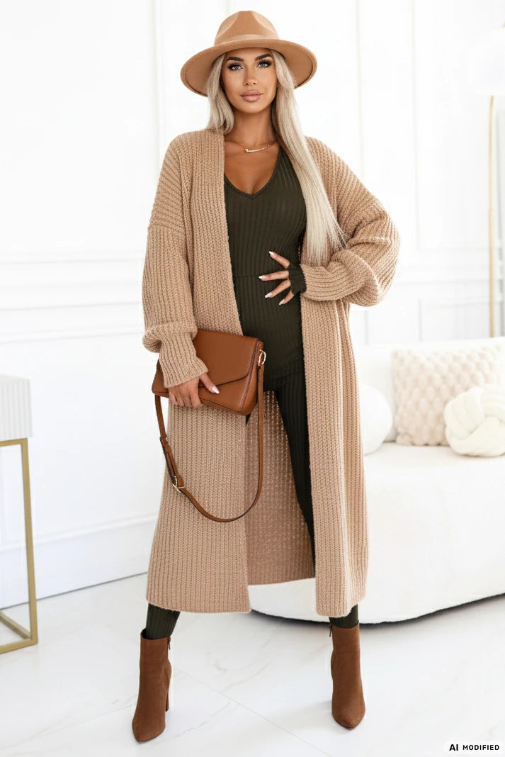 Comfortable and elegant ribbed women's jumpsuit with a neckline – Khaki
