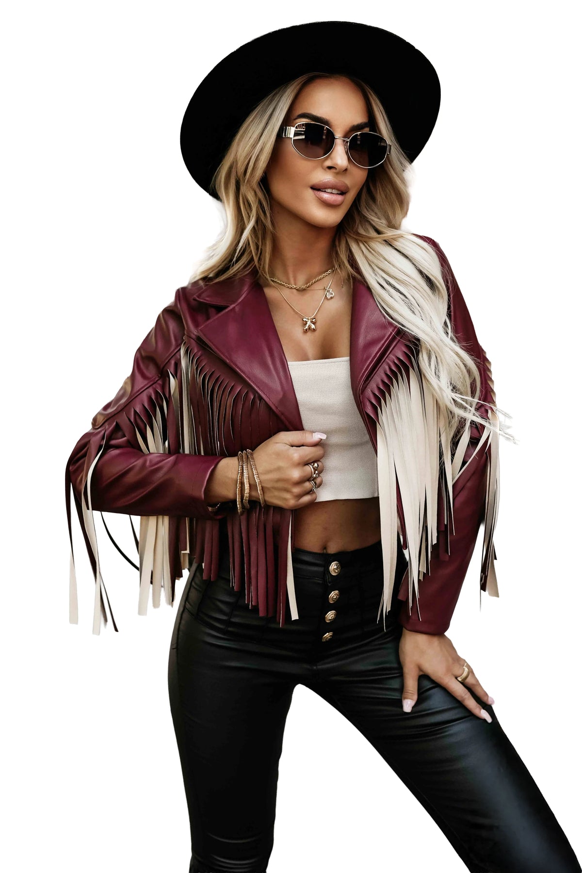 Short jacket with fringes made of soft eco-leather – Burgundy