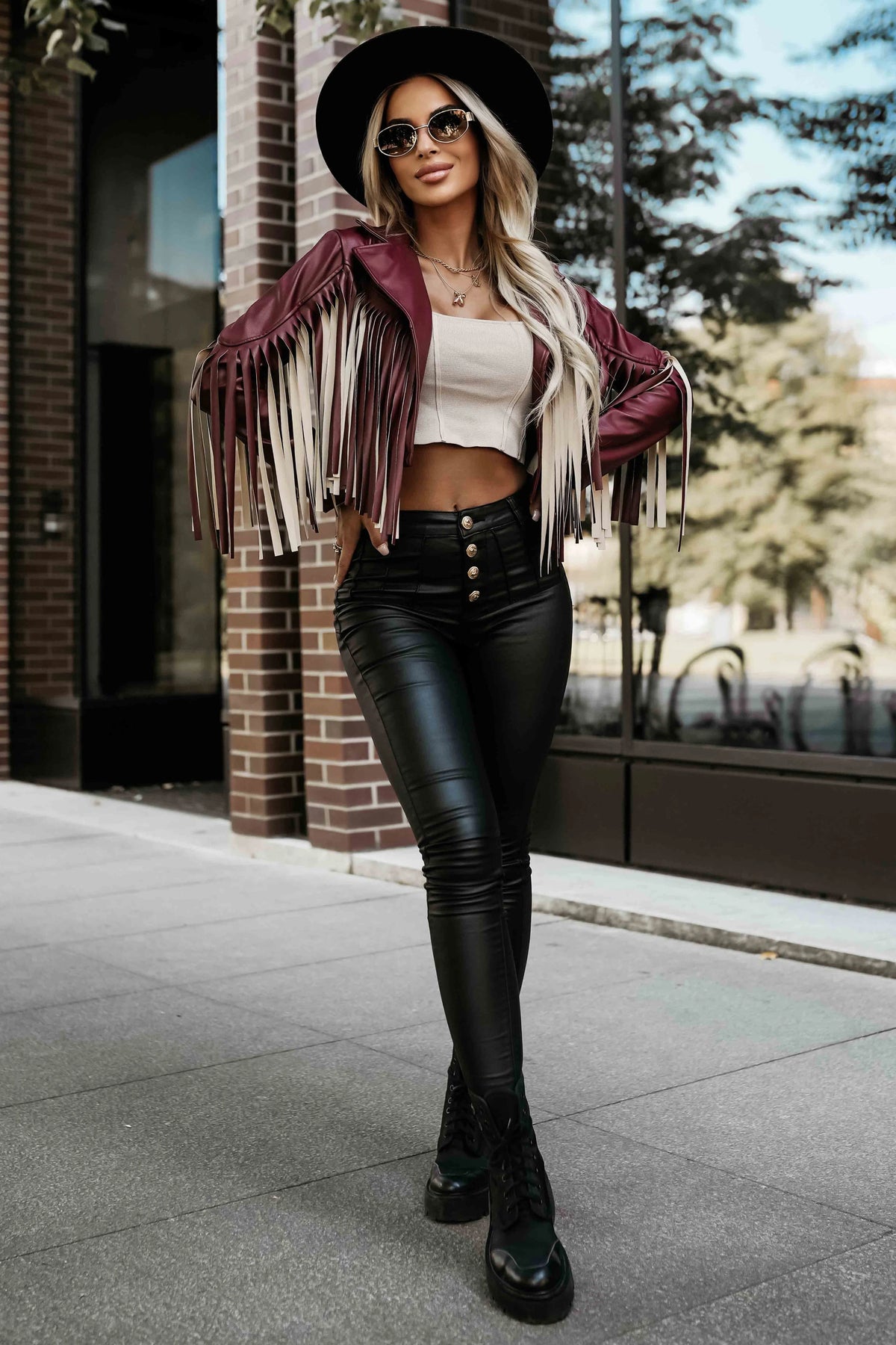 Short jacket with fringes made of soft eco-leather – Burgundy