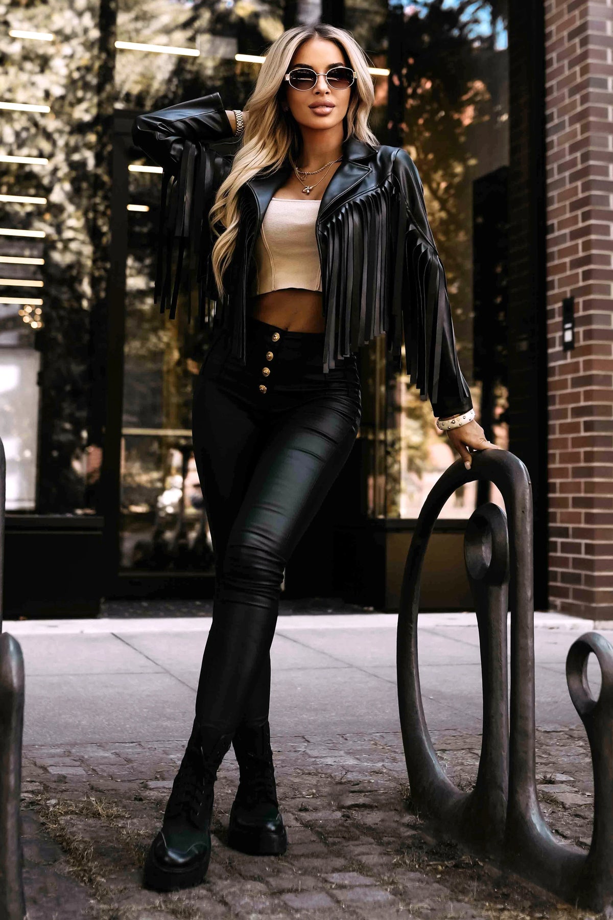 Short biker jacket with fringes made of soft eco leather – Black