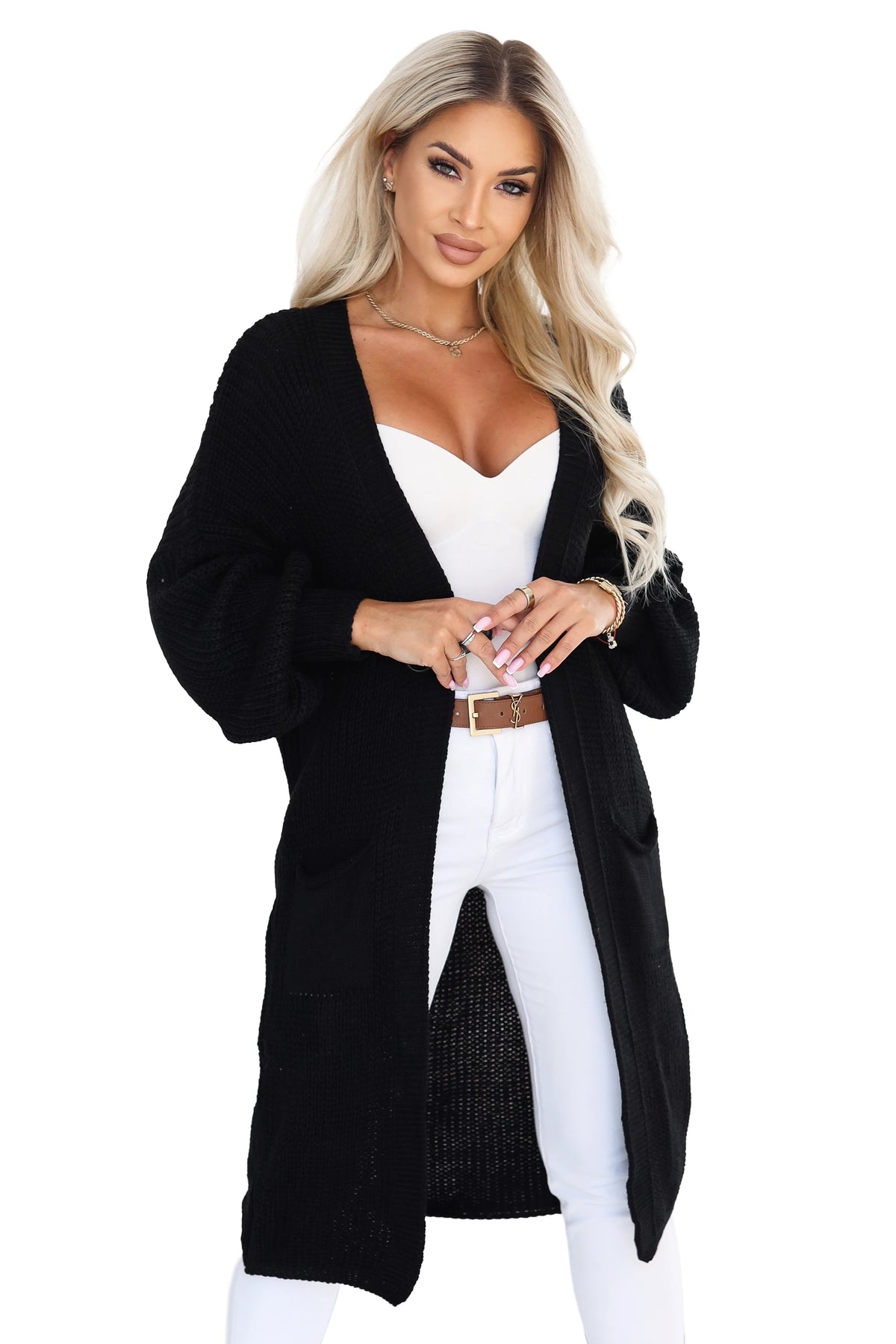 Long women's knit cardigan with pockets and puff sleeves – Black