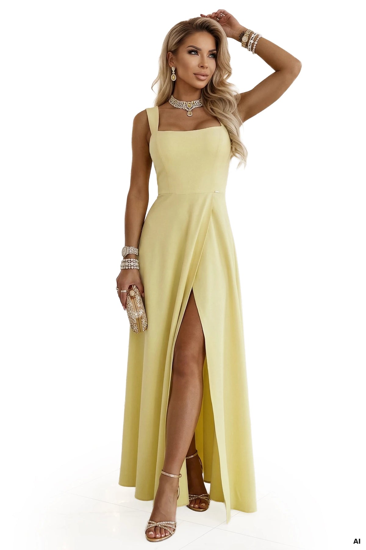 AURELIA Long Wedding Dress with Slit and Diamond Neckline – Butter Yellow With Glitter