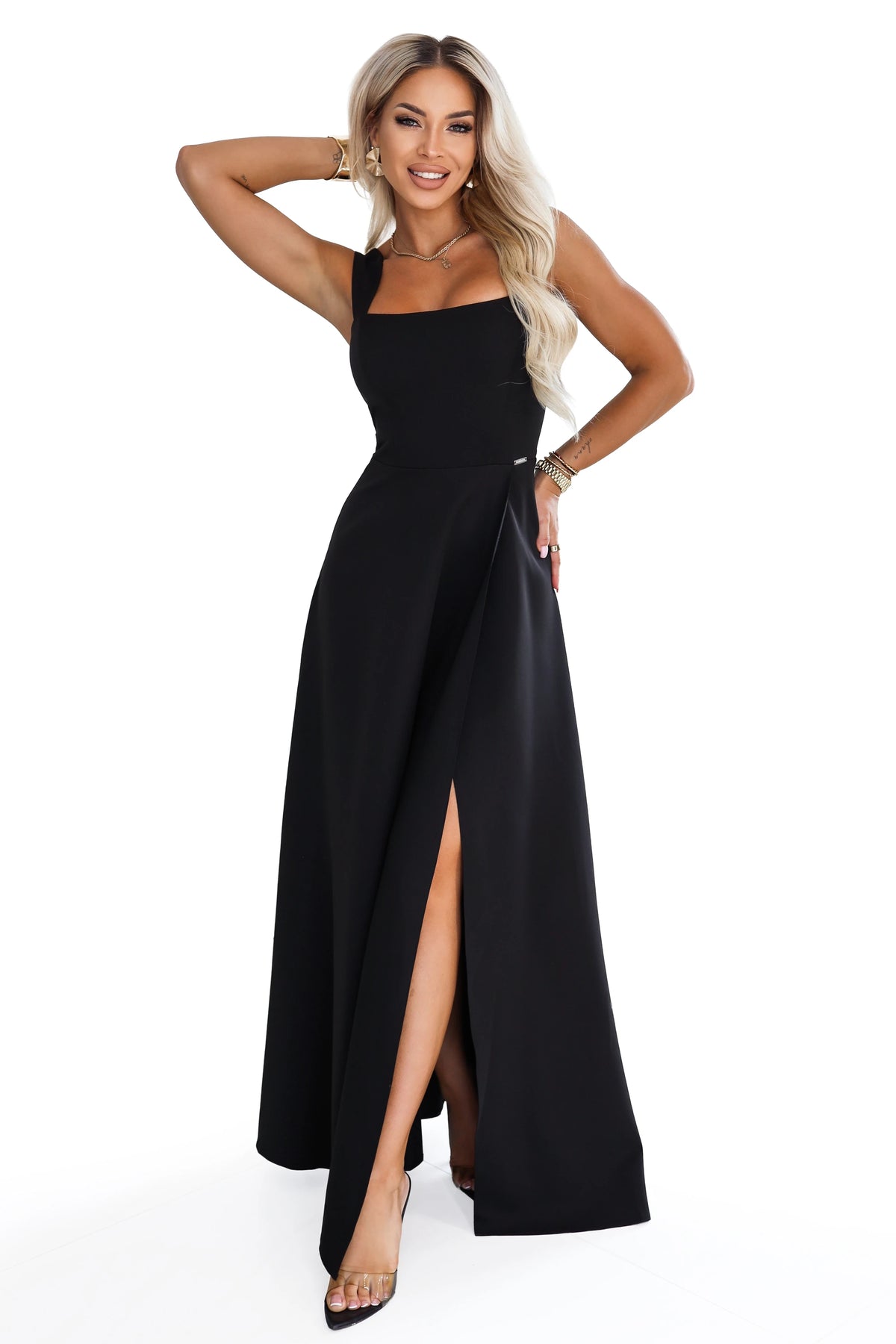 AURELIA Long dress with a leg slit and square neckline – Black