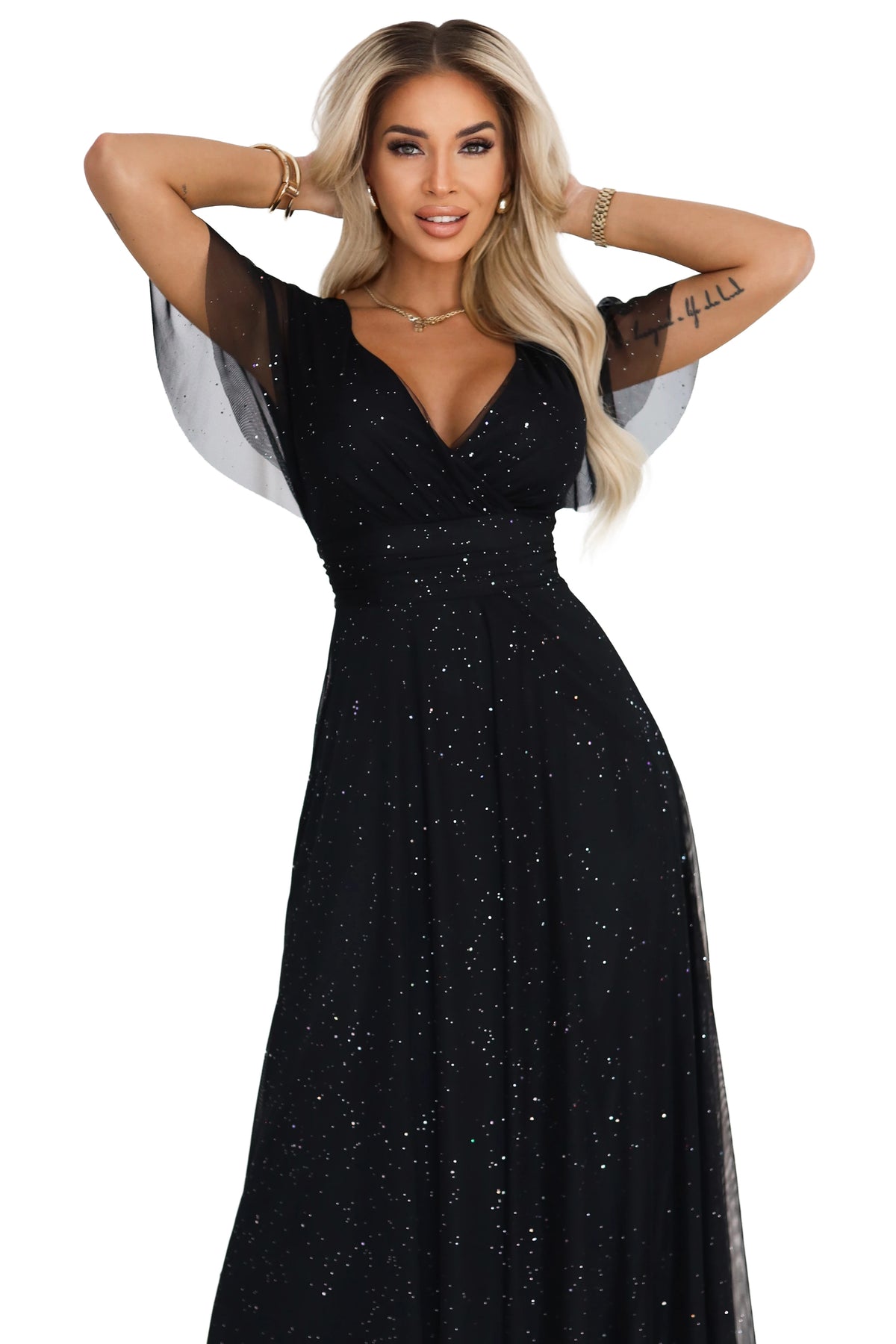 MELANIA long, shiny dress with a neckline and short sleeves – Black