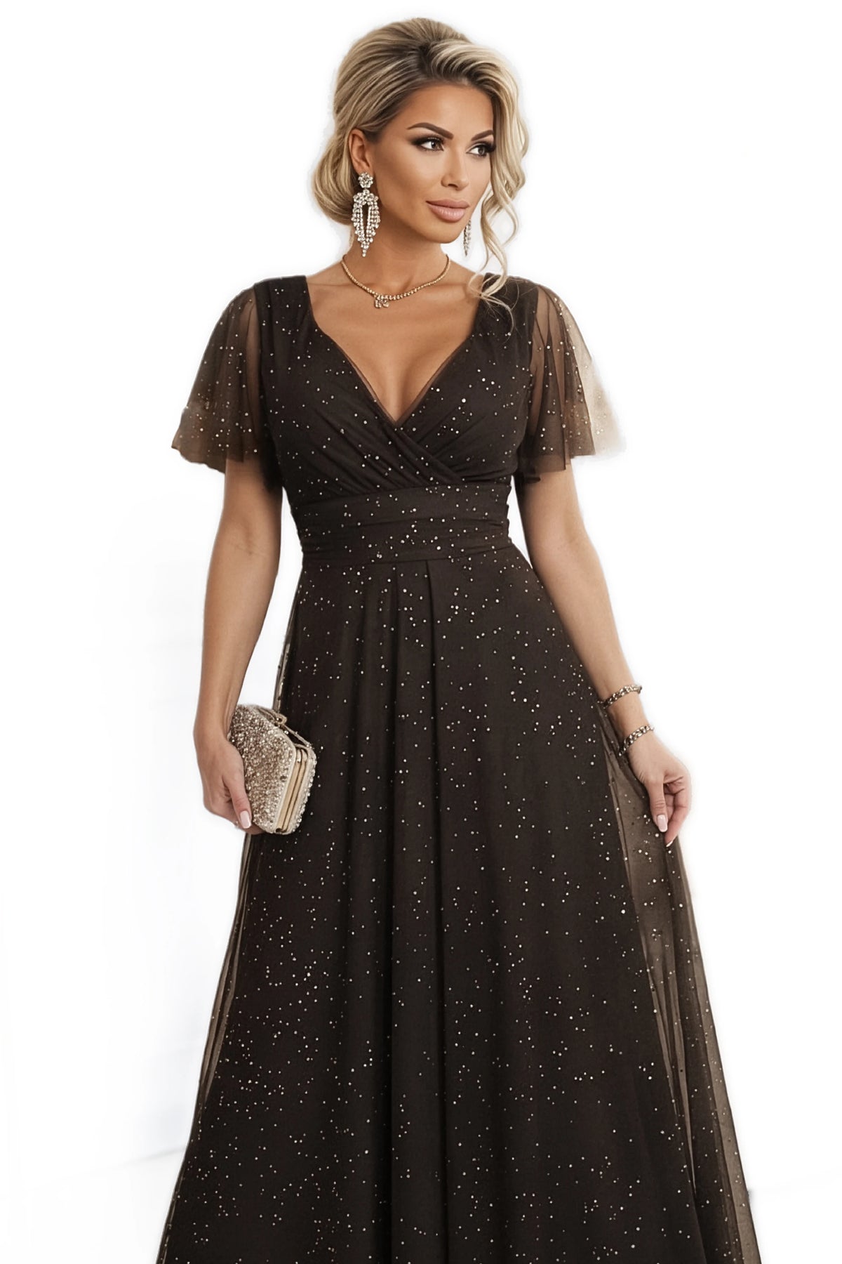 MELANIA long, shiny dress with a neckline and short sleeves – Chocolate