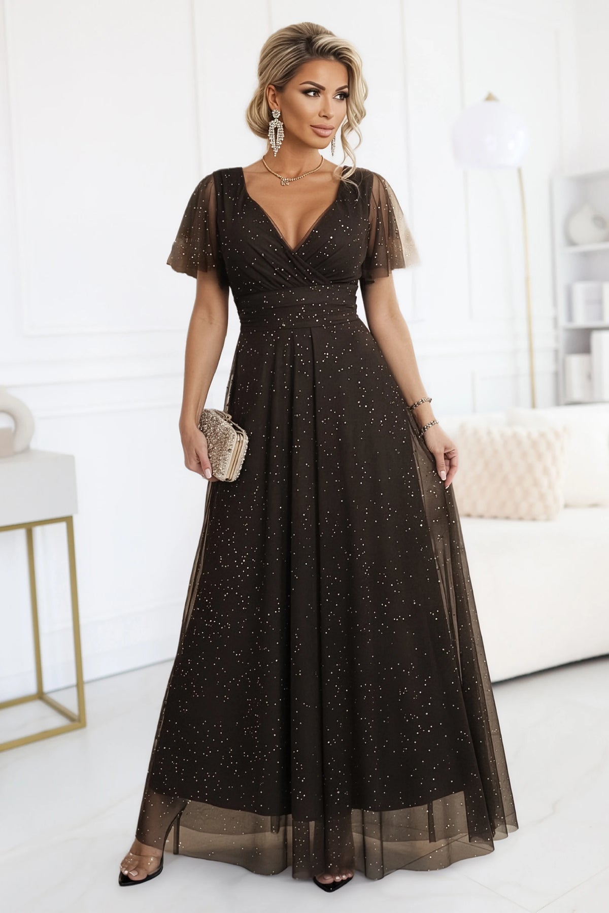 MELANIA long, shiny dress with a neckline and short sleeves – Chocolate