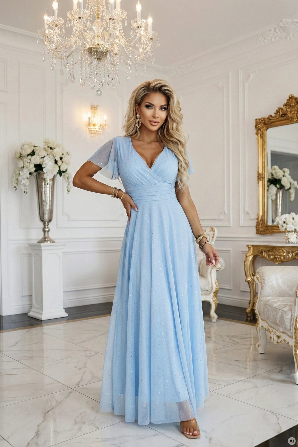 MELANIA Long Shimmering Dress with Neckline and Short Sleeve – Sky Blue