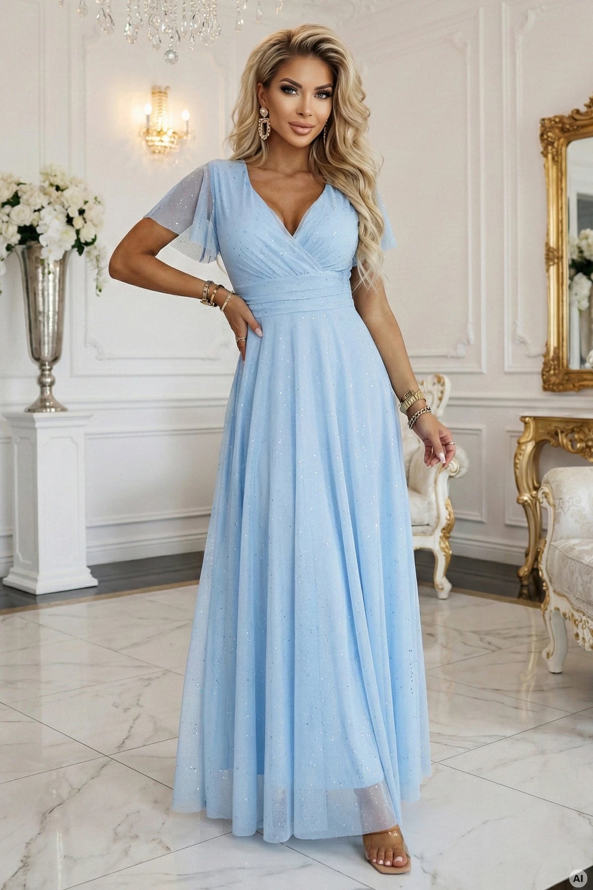 MELANIA Long Shimmering Dress with Neckline and Short Sleeve – Sky Blue