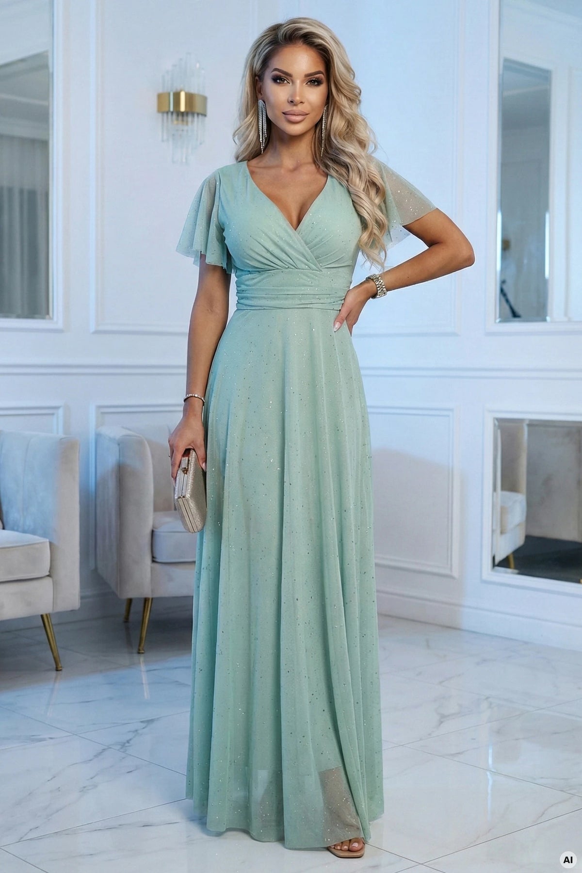 MELANIA Long Shimmering Dress with Neckline and Short Sleeve – Pistachio