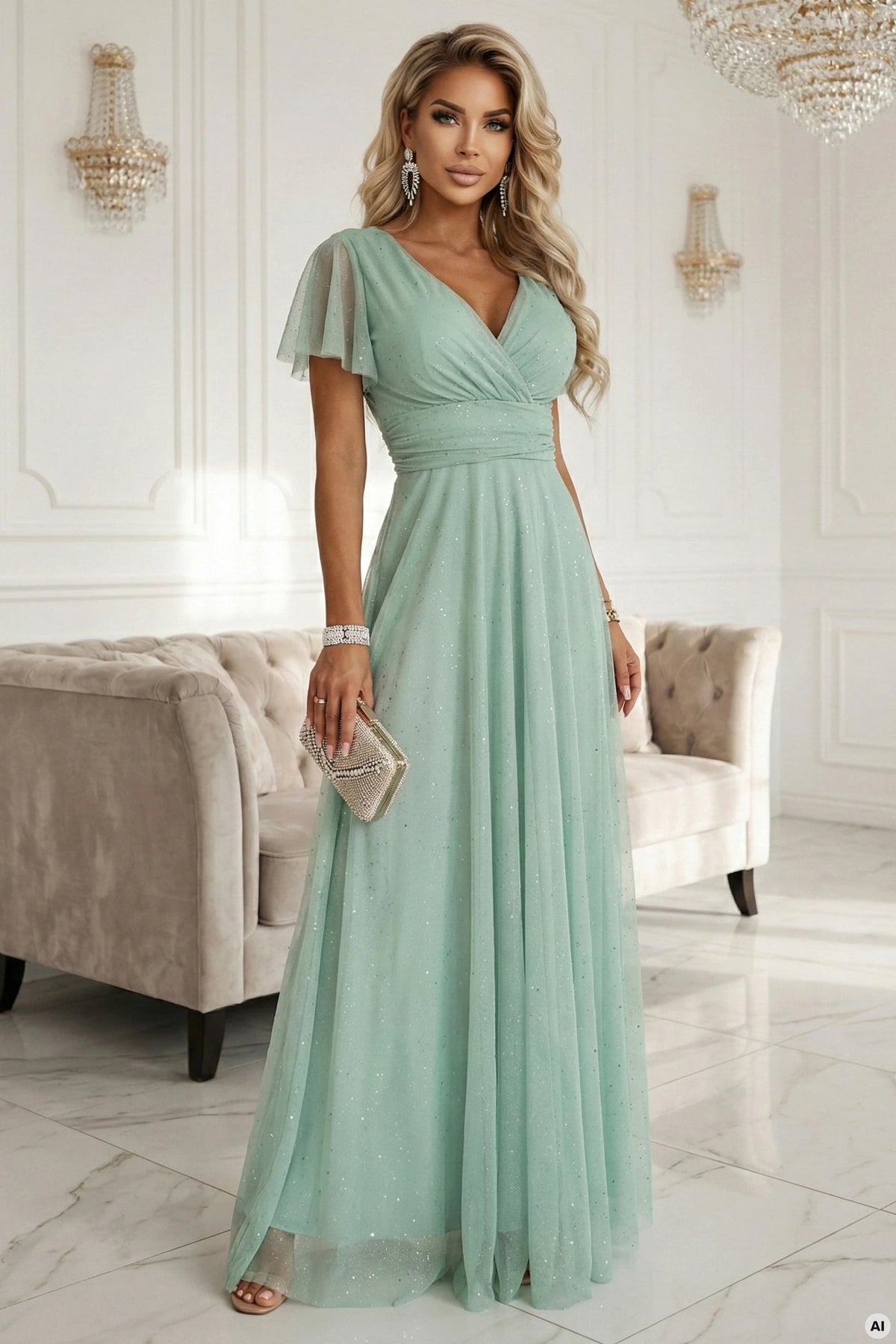 MELANIA Long Shimmering Dress with Neckline and Short Sleeve – Pistachio