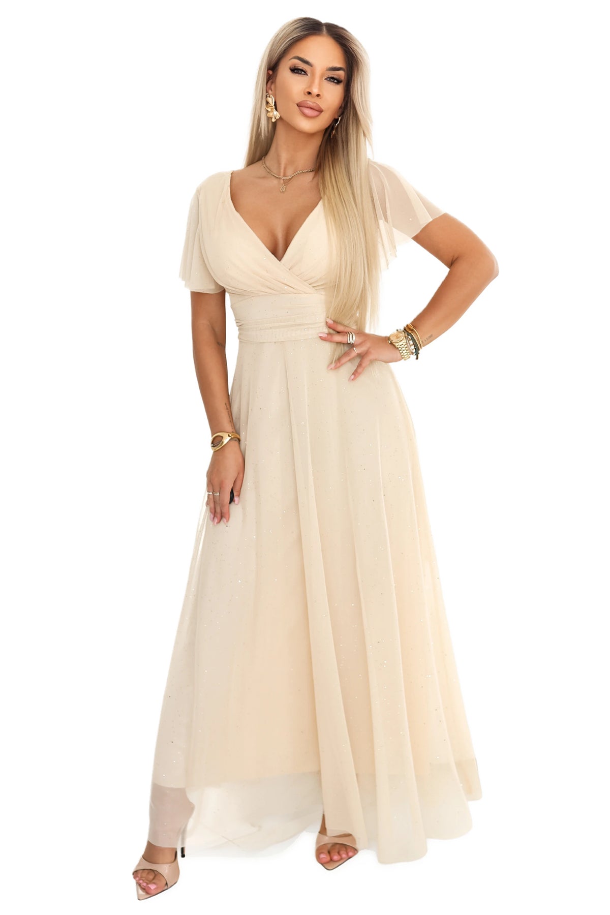 MELANIA Long Shimmering Wedding Dress with Neckline and Short Sleeve – Beige