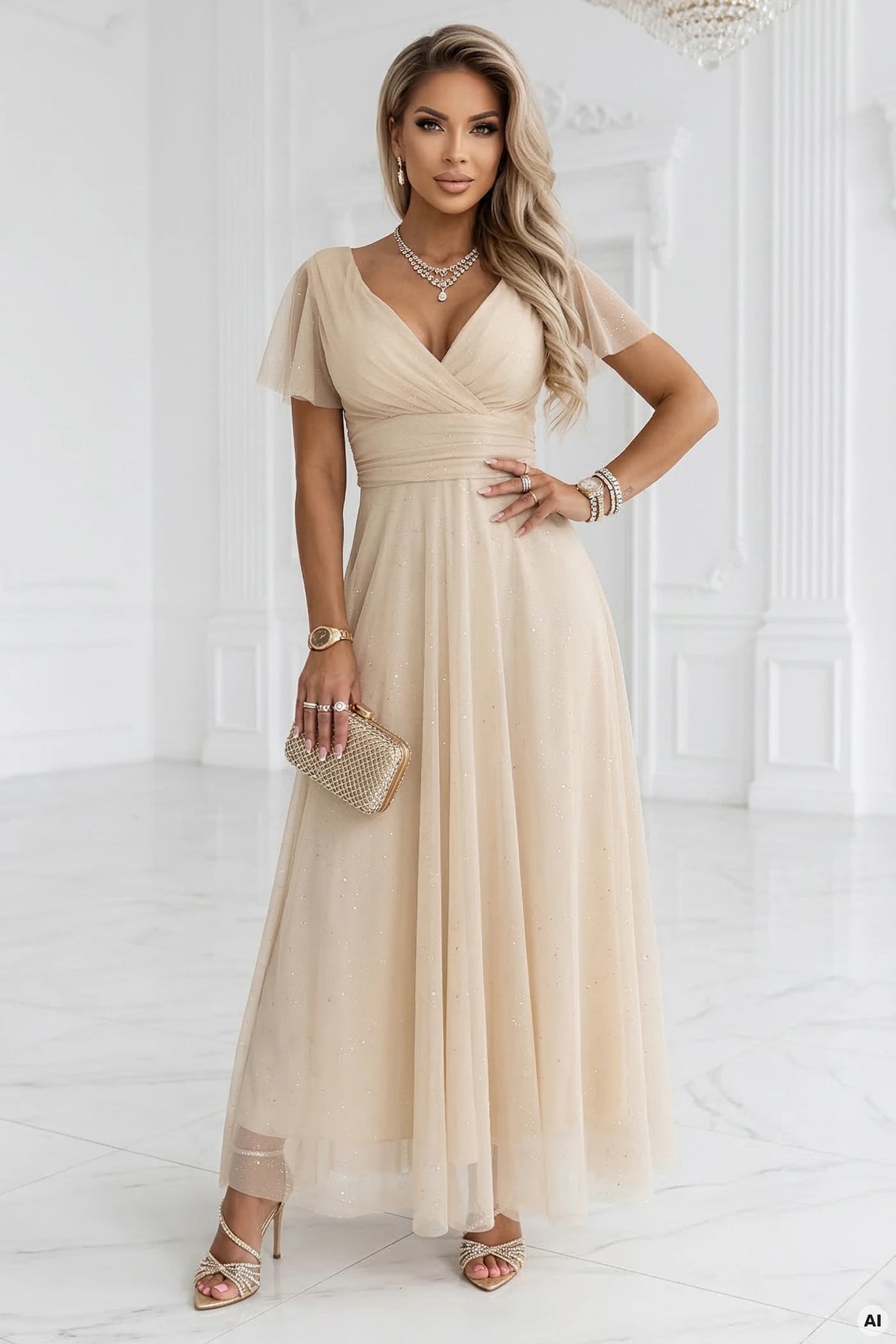 MELANIA Long Shimmering Wedding Dress with Neckline and Short Sleeve – Beige