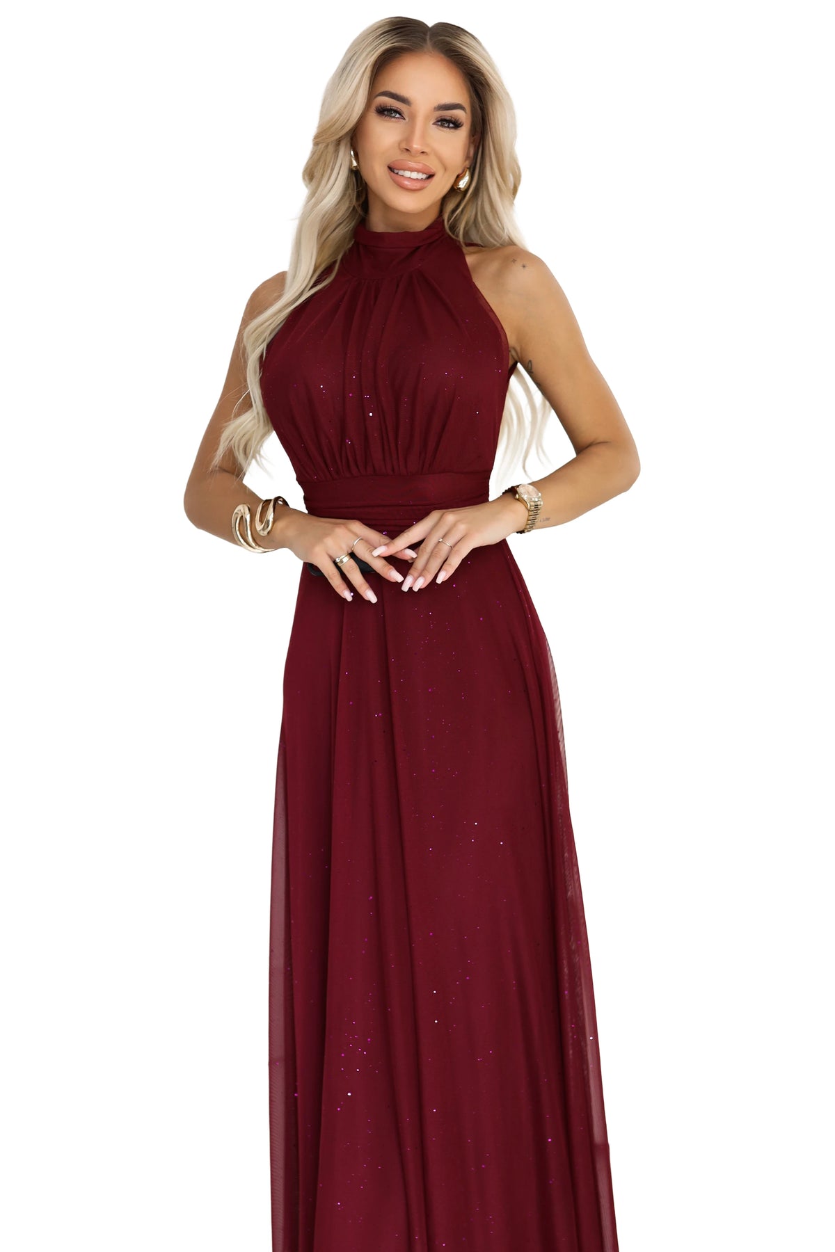 VERONICA luxurious long dress with a brocade accent and a chic shape – Burgundy