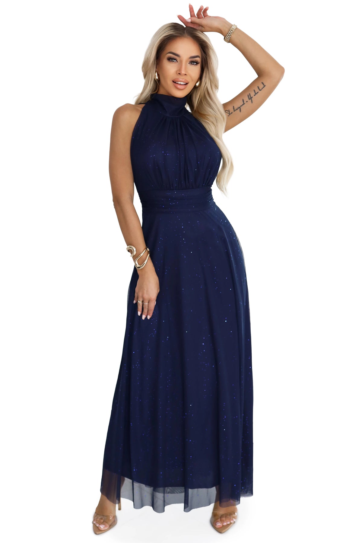 VERONICA luxurious long dress with a brocade accent and a chic cut – Navy Blue