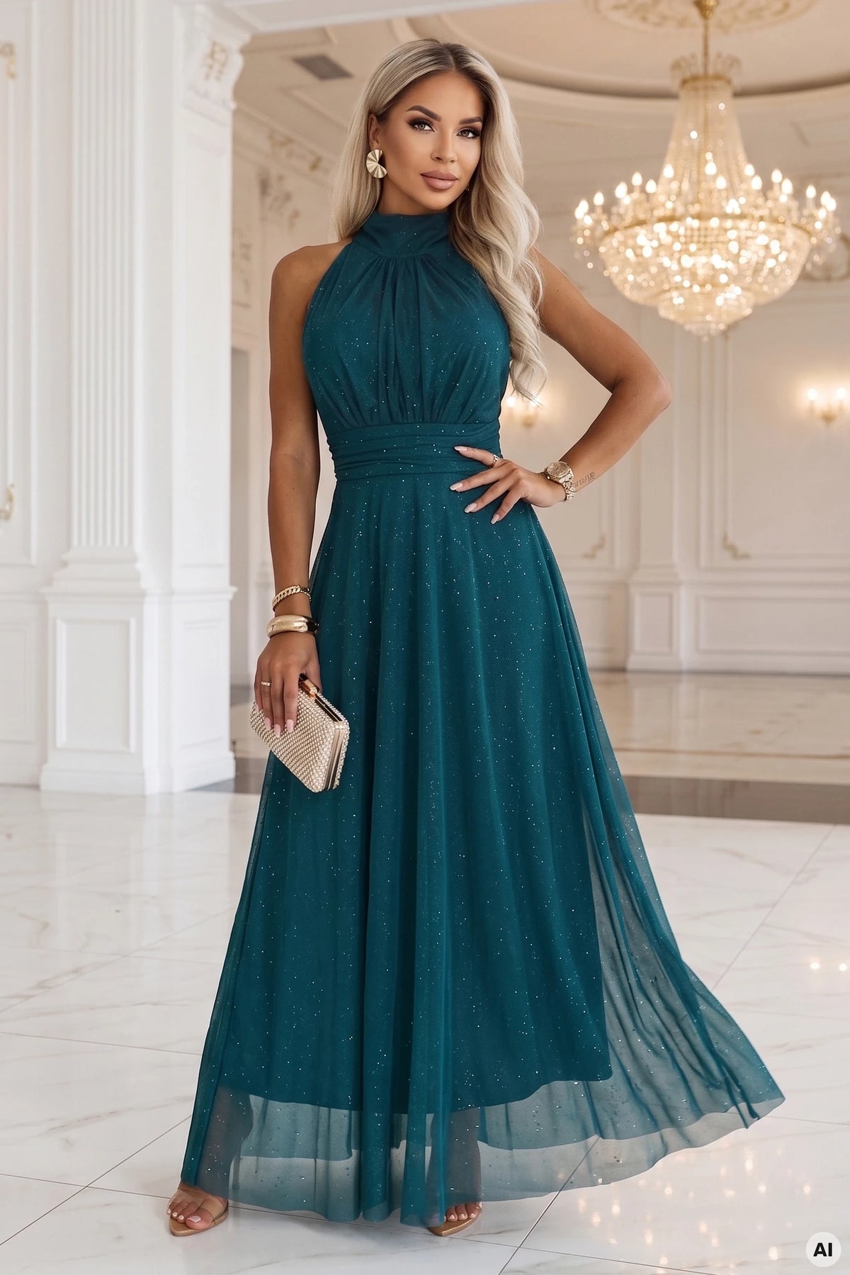 VERONICA Luxurious long gown with a glitter accent and a chic cut – Green
