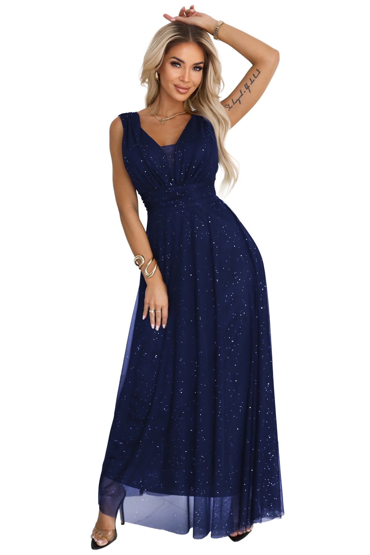 Long evening dress with a brocade accent and a deep neckline – Navy Blue