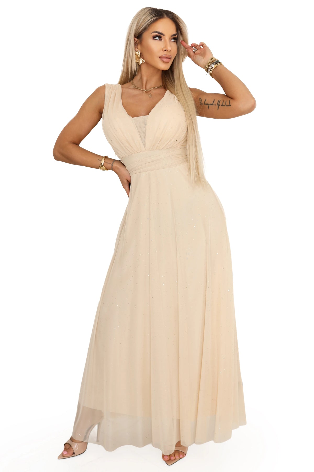 Long Maxi Dress with Glitter Shimmer and Deep Neckline – Champagne Beige