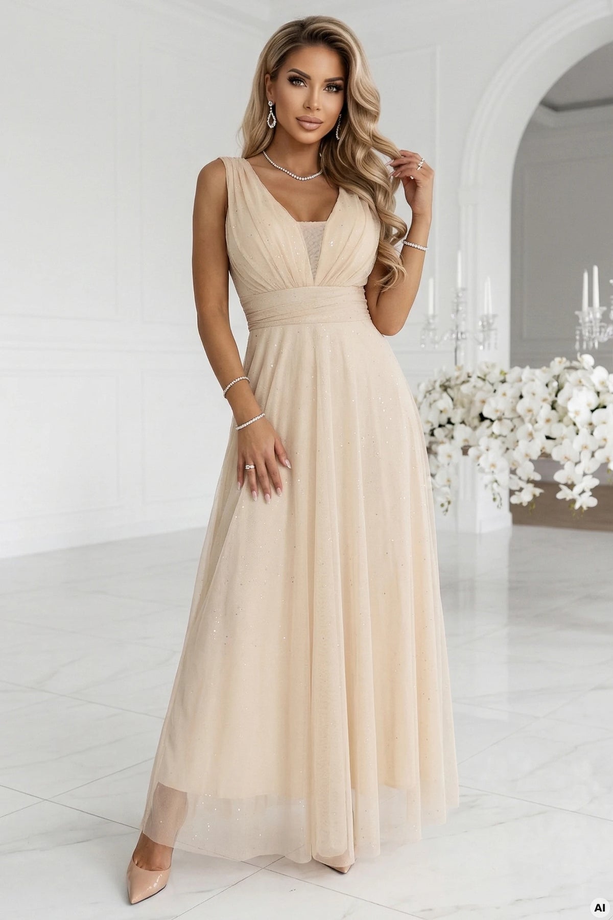 Long Maxi Dress with Glitter Shimmer and Deep Neckline – Champagne Beige