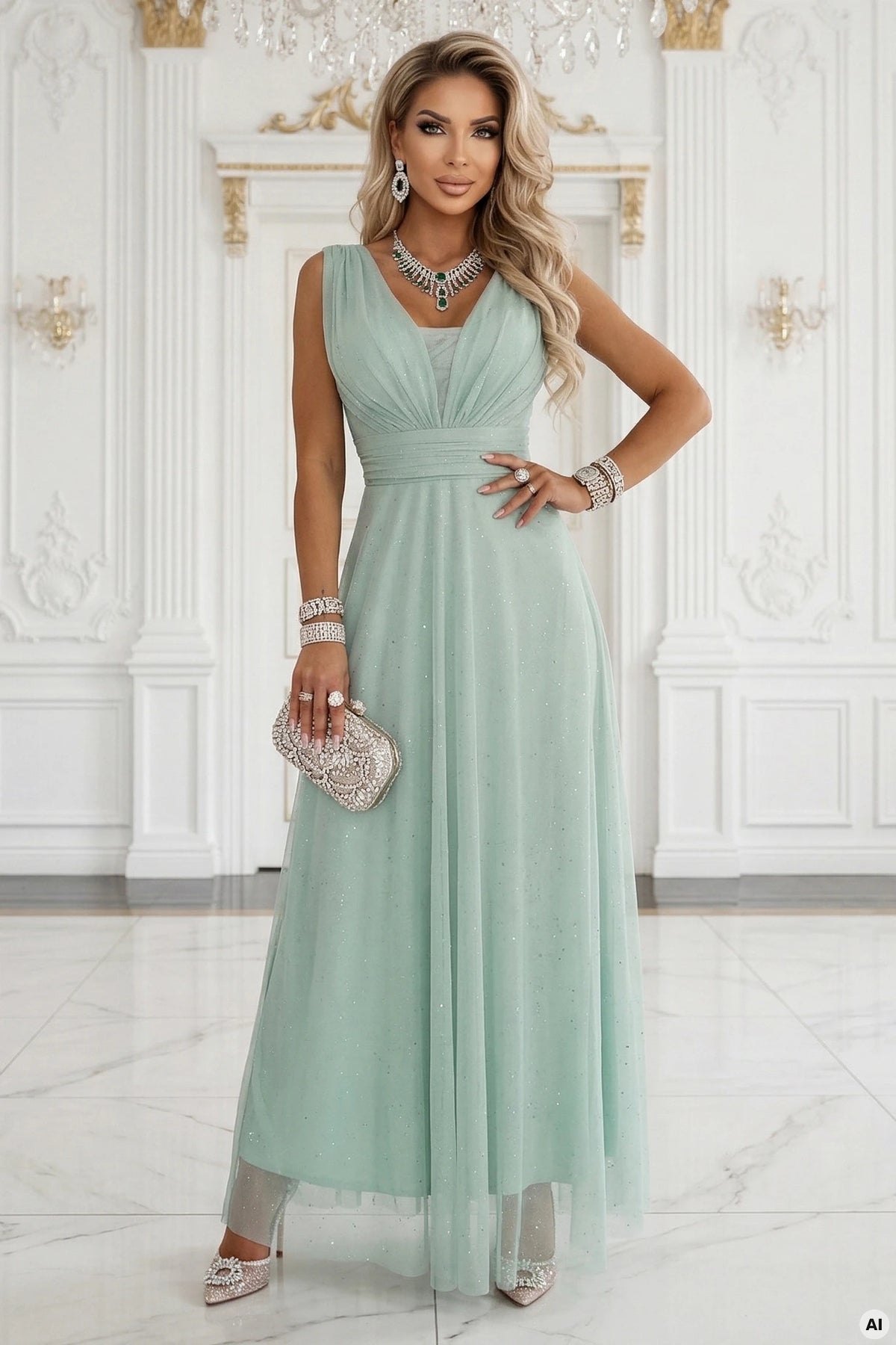 Long Maxi Dress with Glitter Accent and Deep Neckline – Pistachio