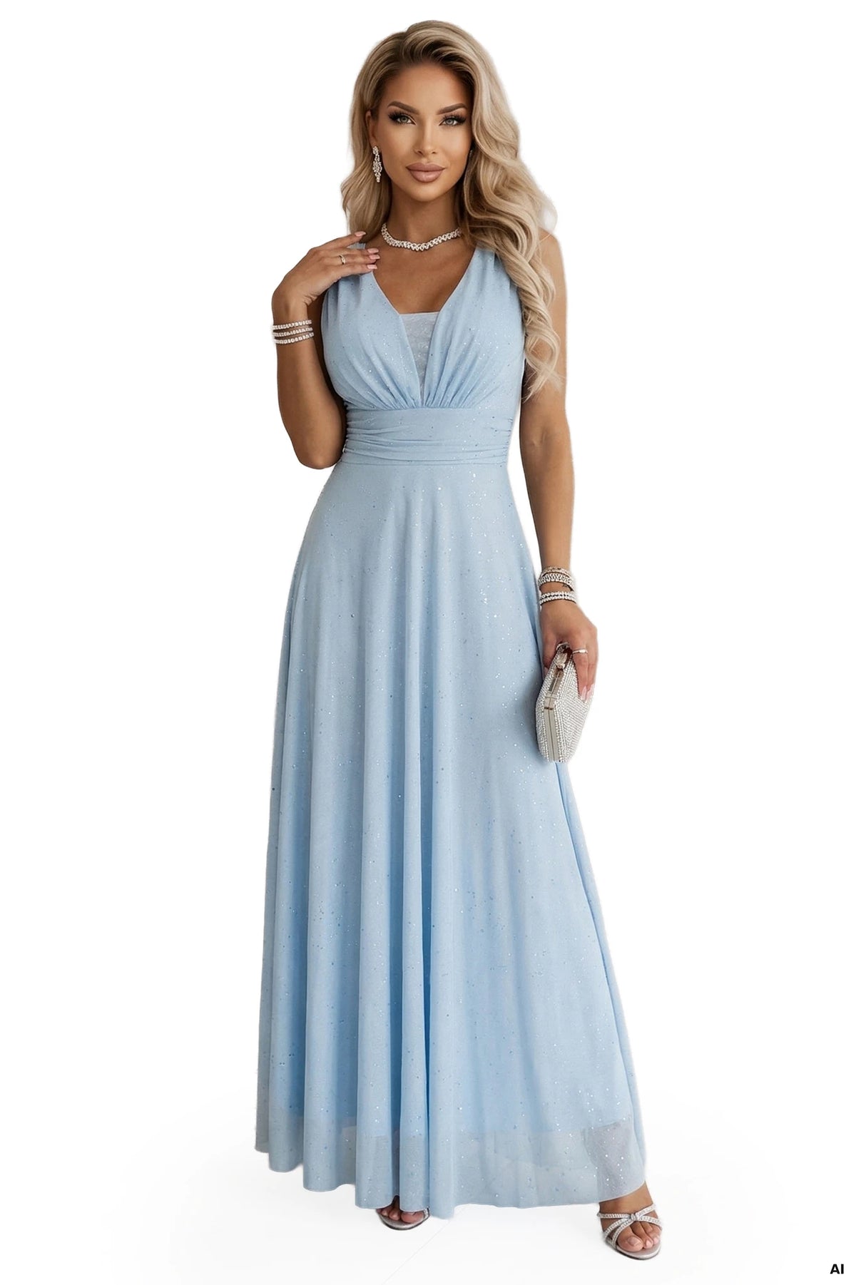 Long Evening Dress with Glitter Accent and Deep Neckline – Sky Blue