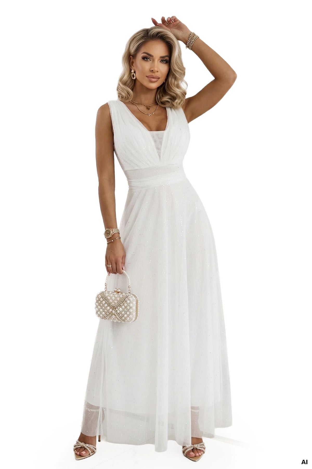 Long Maxi Dress with Glitter Accent and Deep Neckline – Ecru
