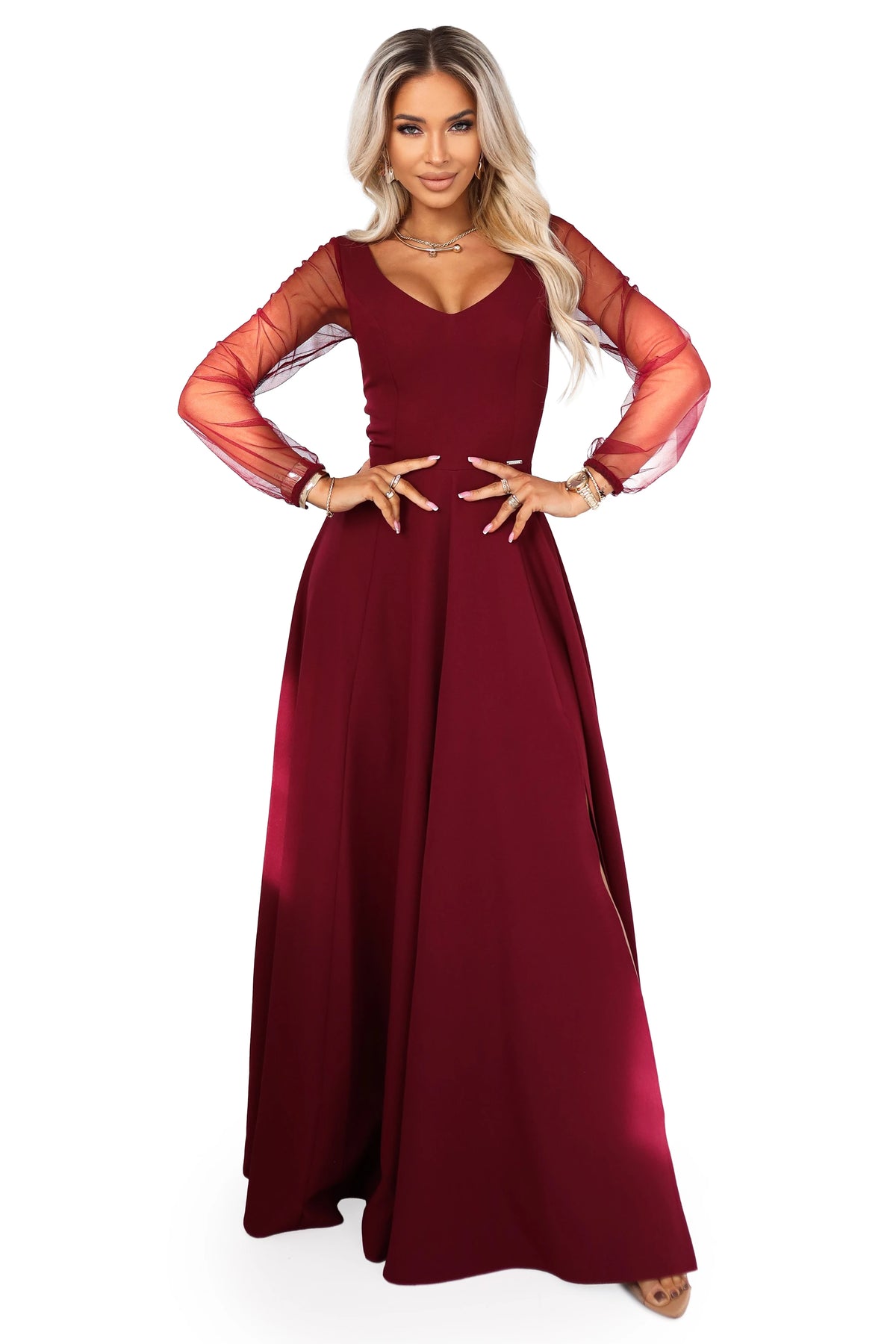 LORETTA unique long dress with tulle sleeves and neckline – Burgundy