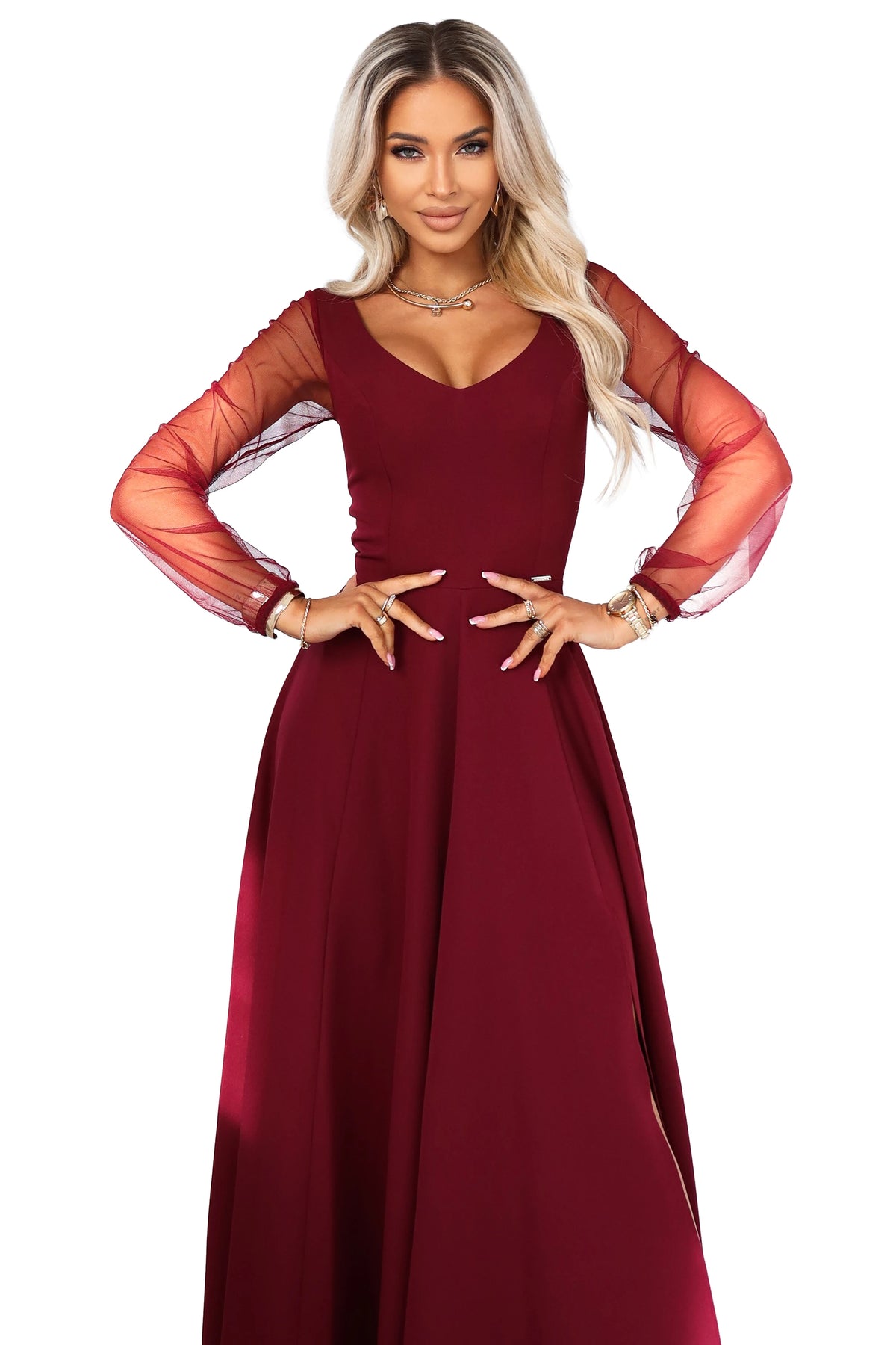 LORETTA unique long dress with tulle sleeves and neckline – Burgundy