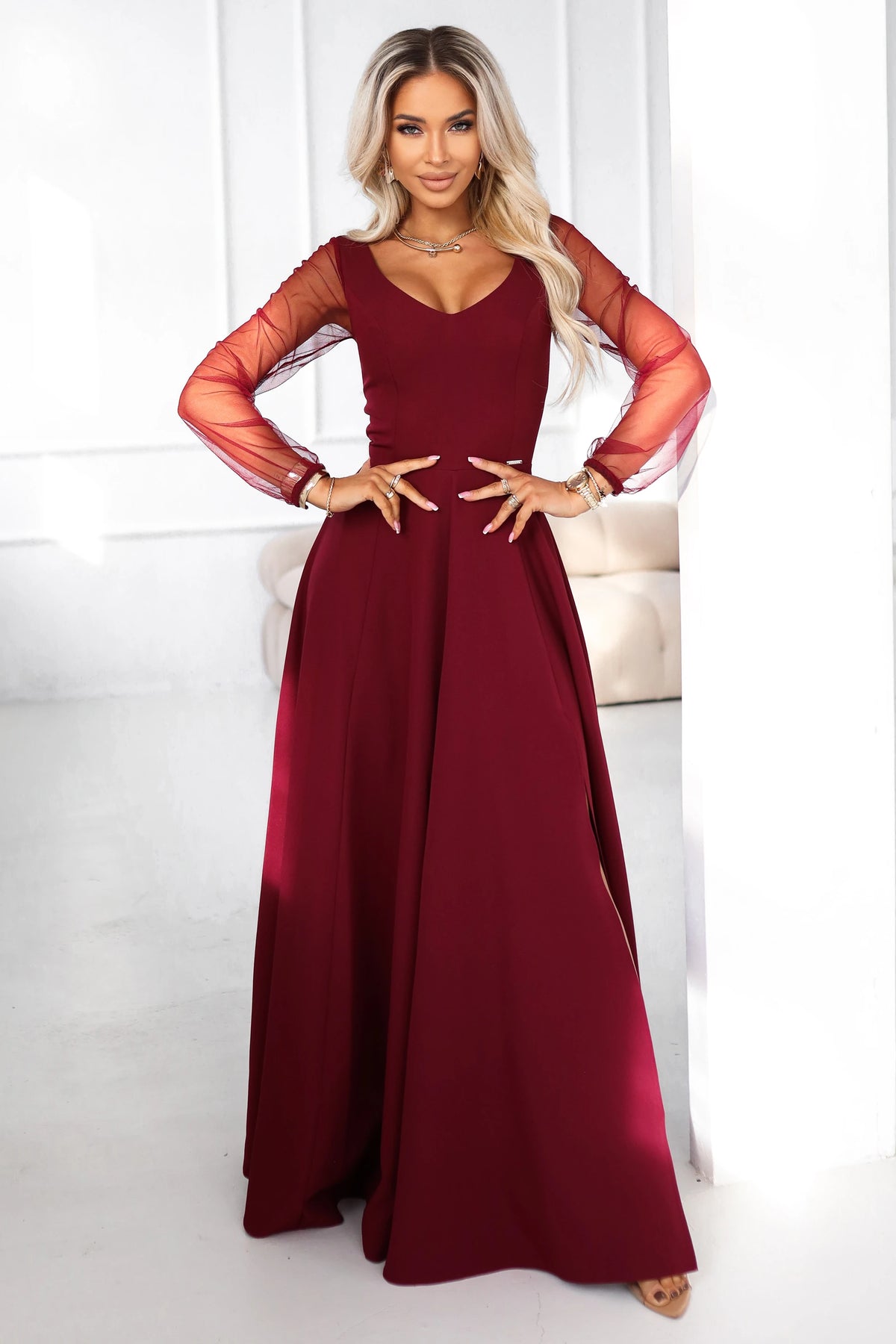 LORETTA unique long dress with tulle sleeves and neckline – Burgundy