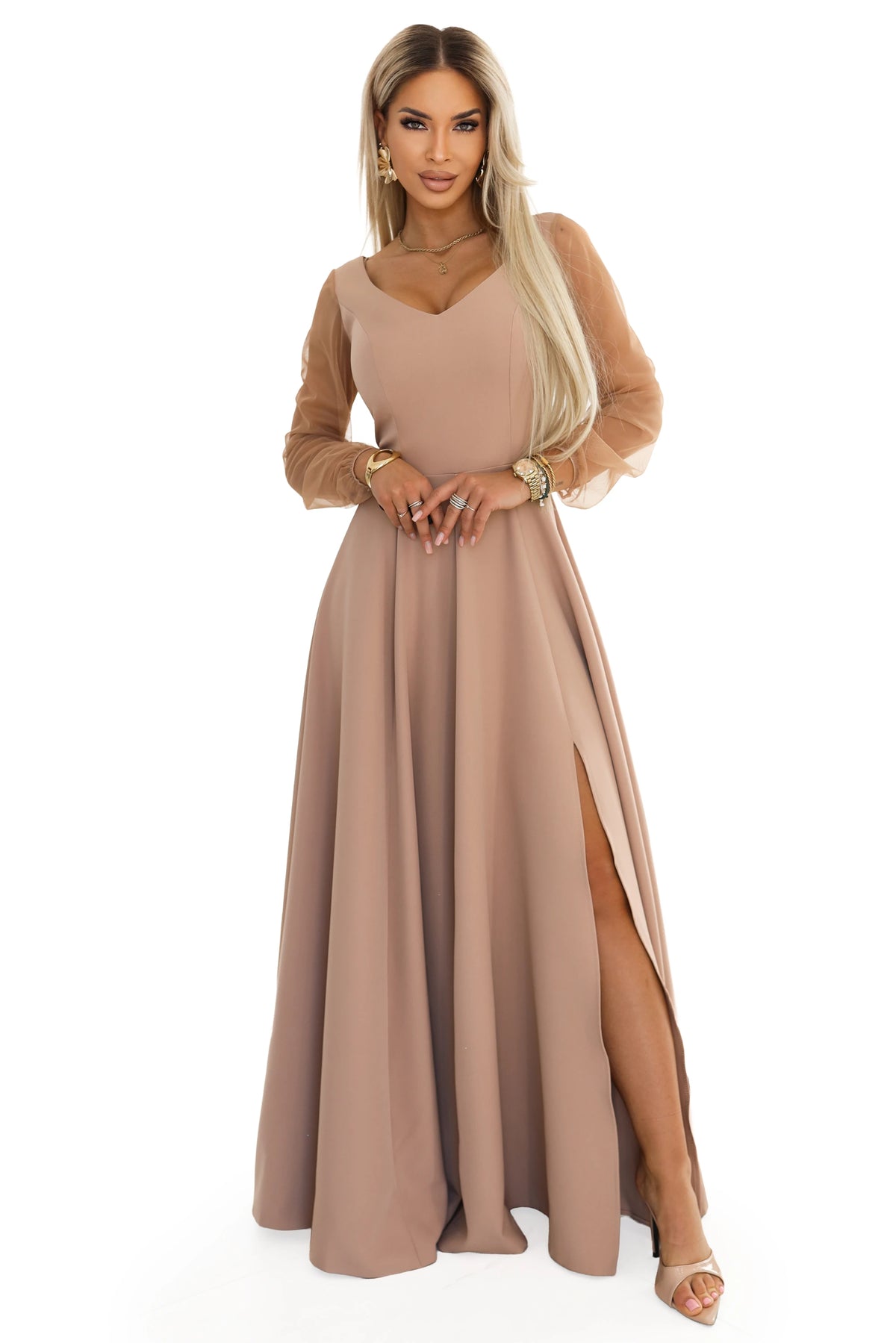 LORETTA Unique Long Dress with Tulle Sleeves and Neckline – Beige