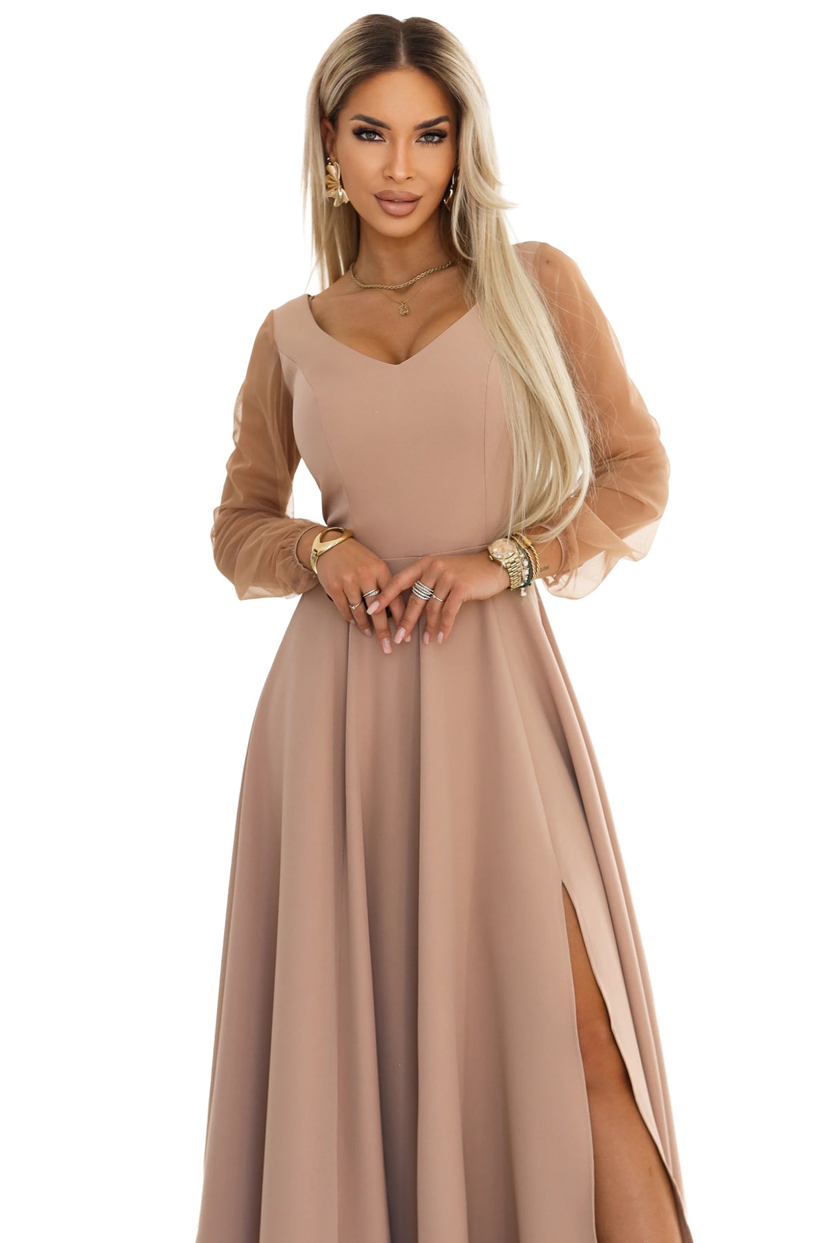 LORETTA Unique Long Dress with Tulle Sleeves and Neckline – Beige
