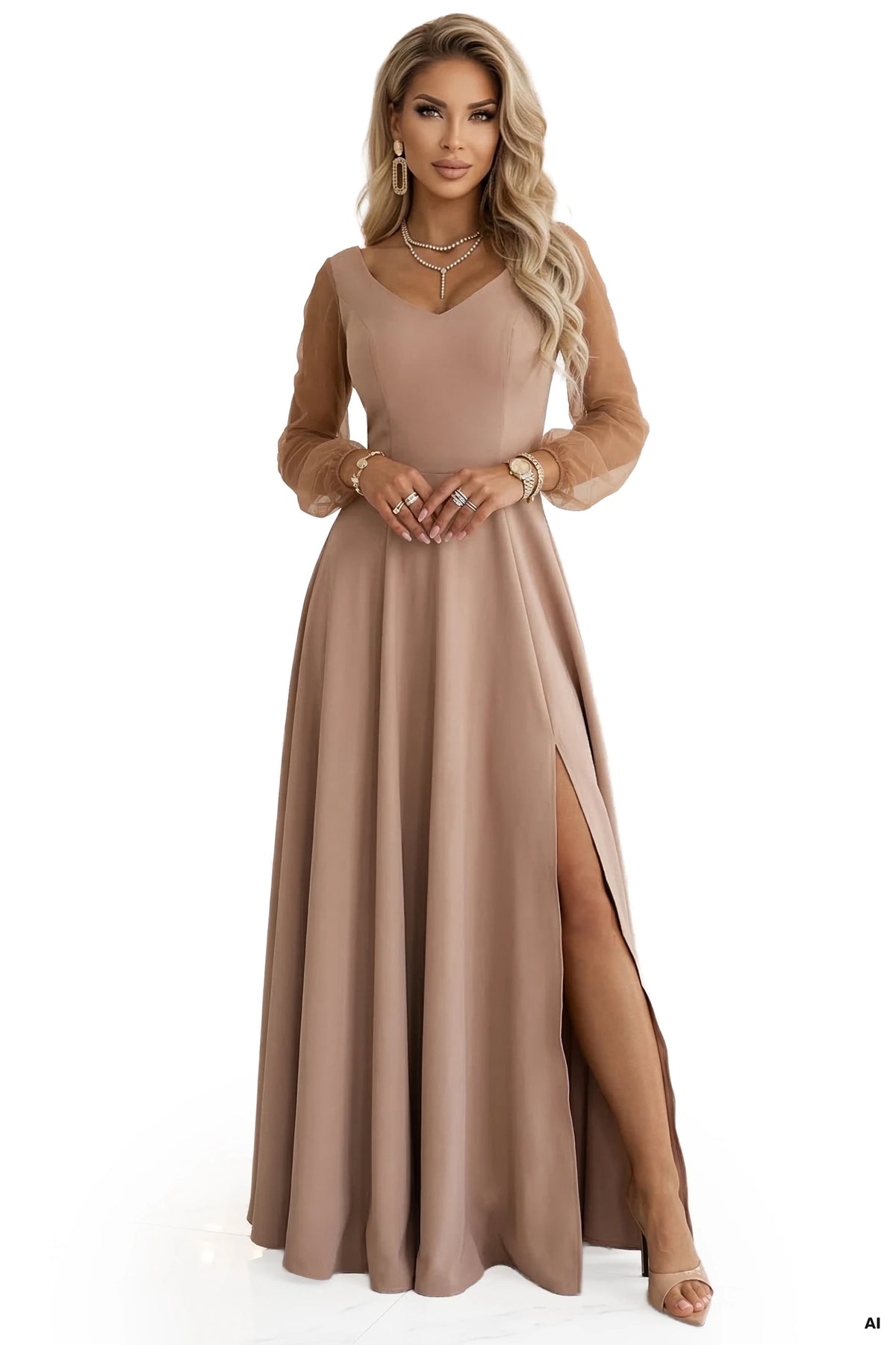 LORETTA Unique Long Dress with Tulle Sleeves and Neckline – Beige