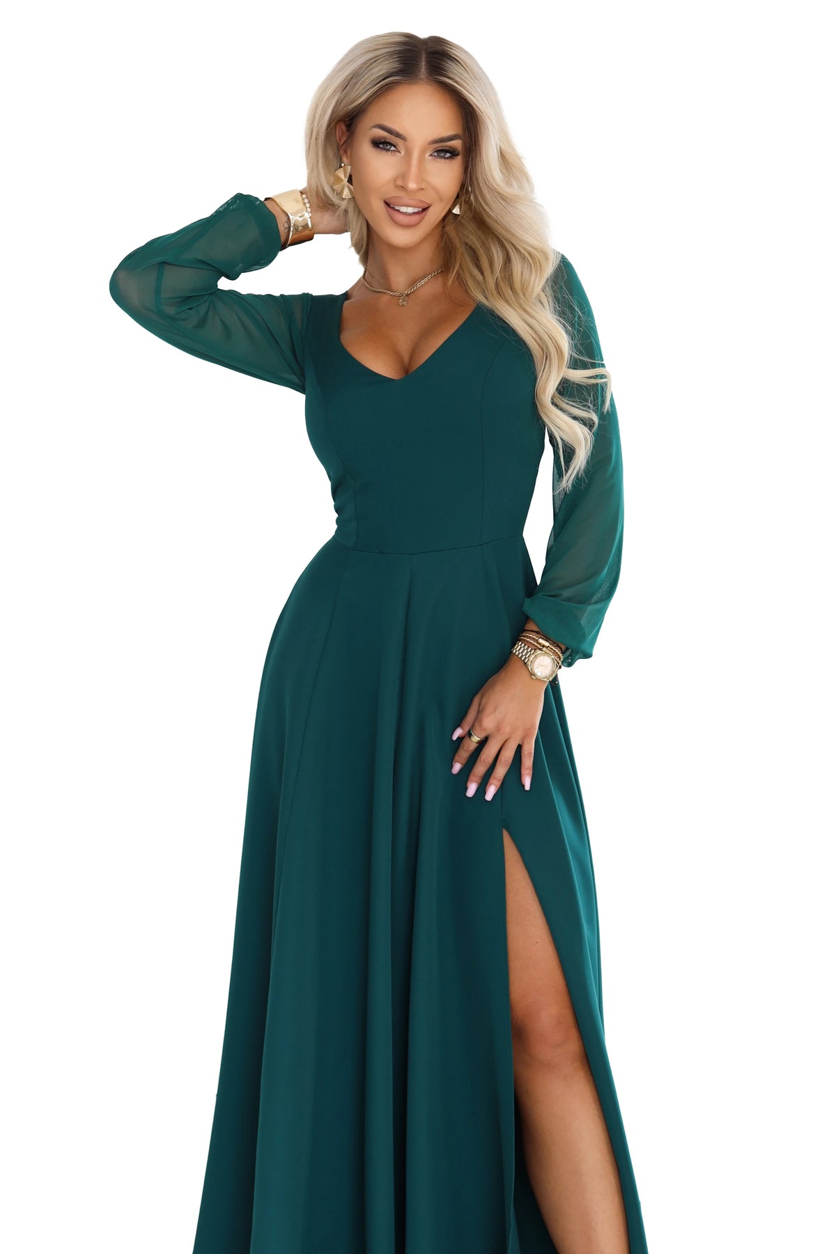 LORETTA Exceptional long dress with tulle sleeves and neckline – Green