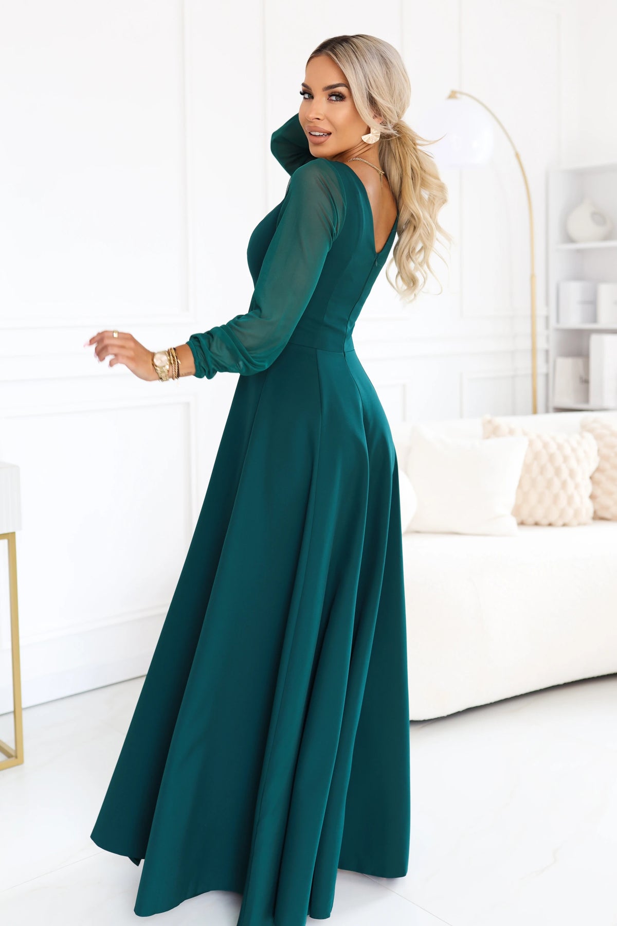 LORETTA Exceptional long dress with tulle sleeves and neckline – Green