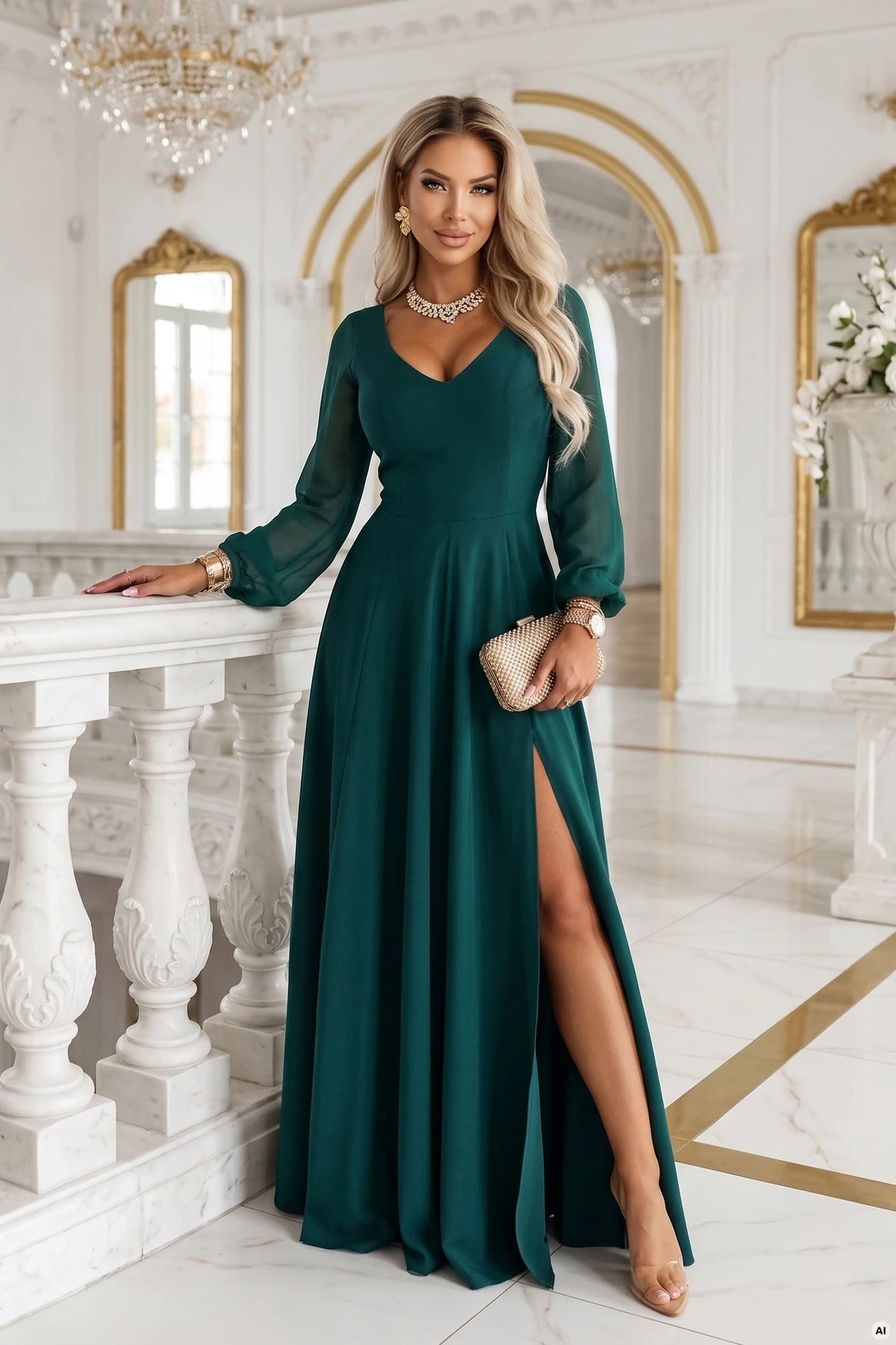 LORETTA Exceptional long dress with tulle sleeves and neckline – Green