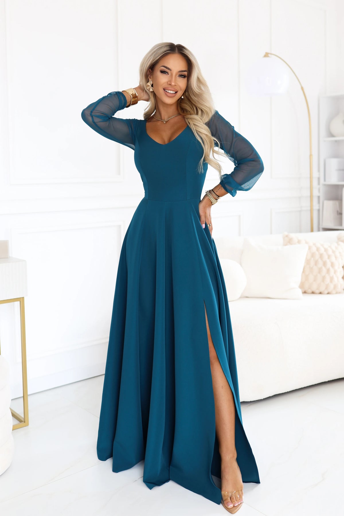 LORETTA Exceptional long dress with tulle sleeves and neckline – Sea Green
