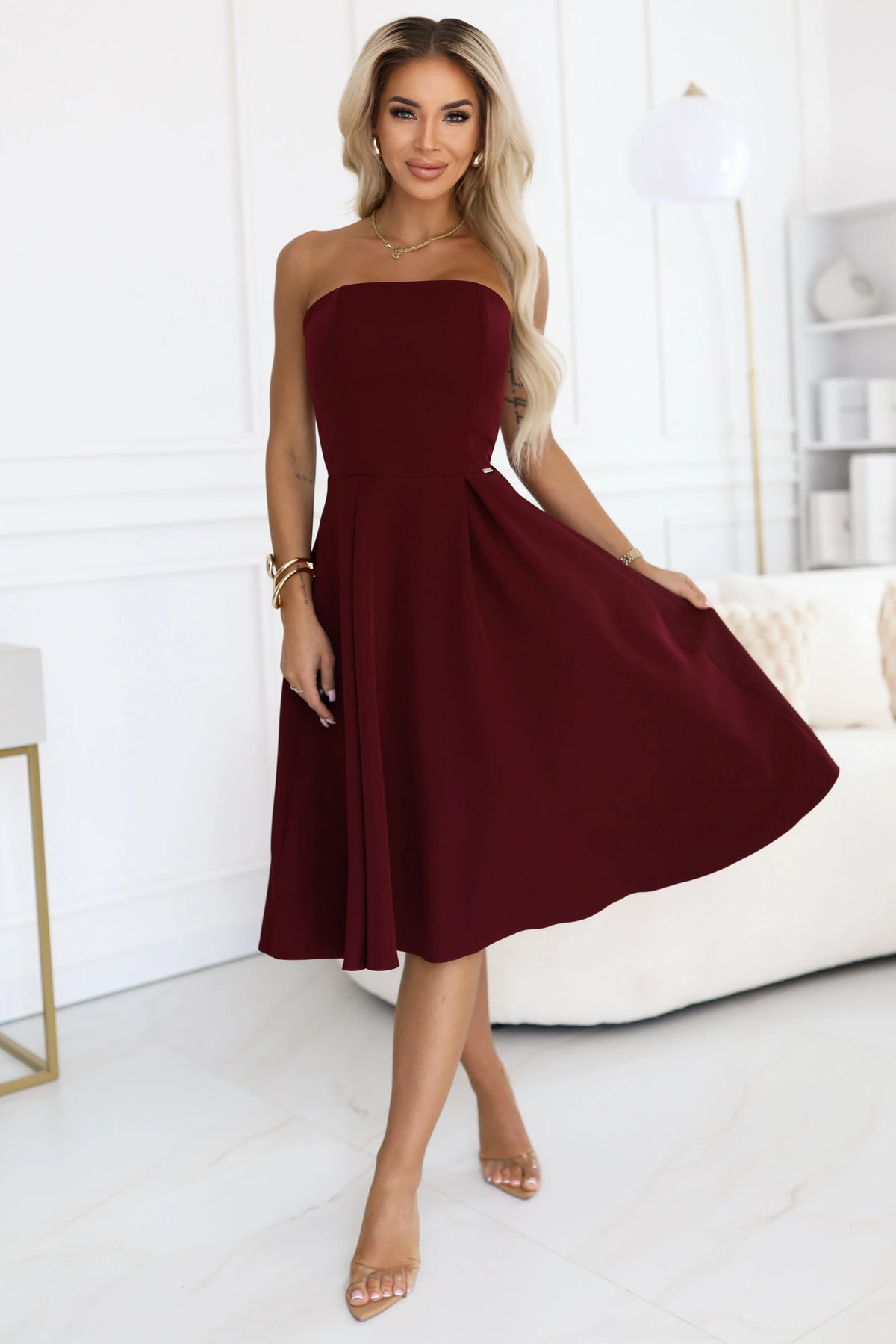 VIVIENNE corset flared midi dress for special occasions – Burgundy