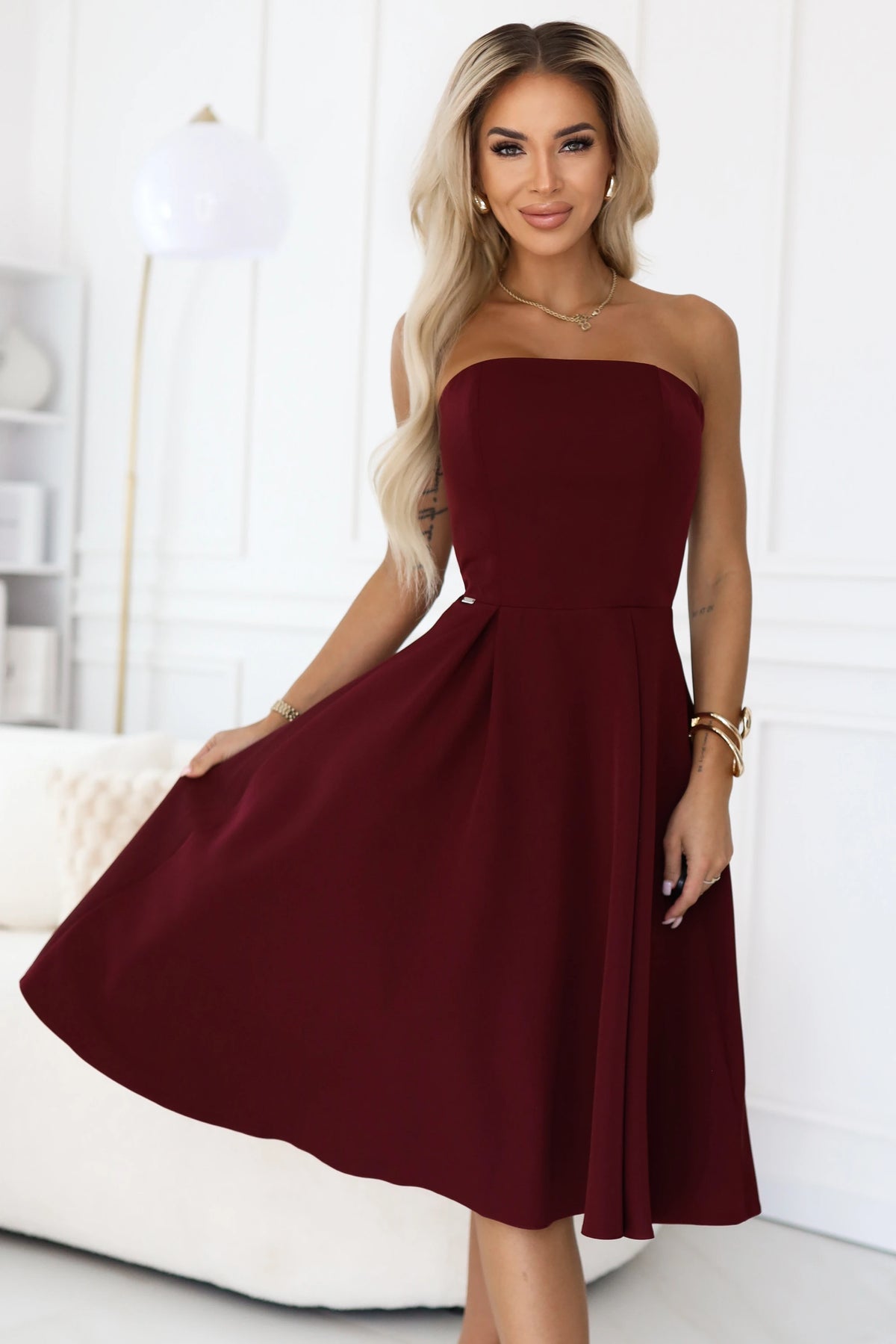 VIVIENNE corset flared midi dress for special occasions – Burgundy