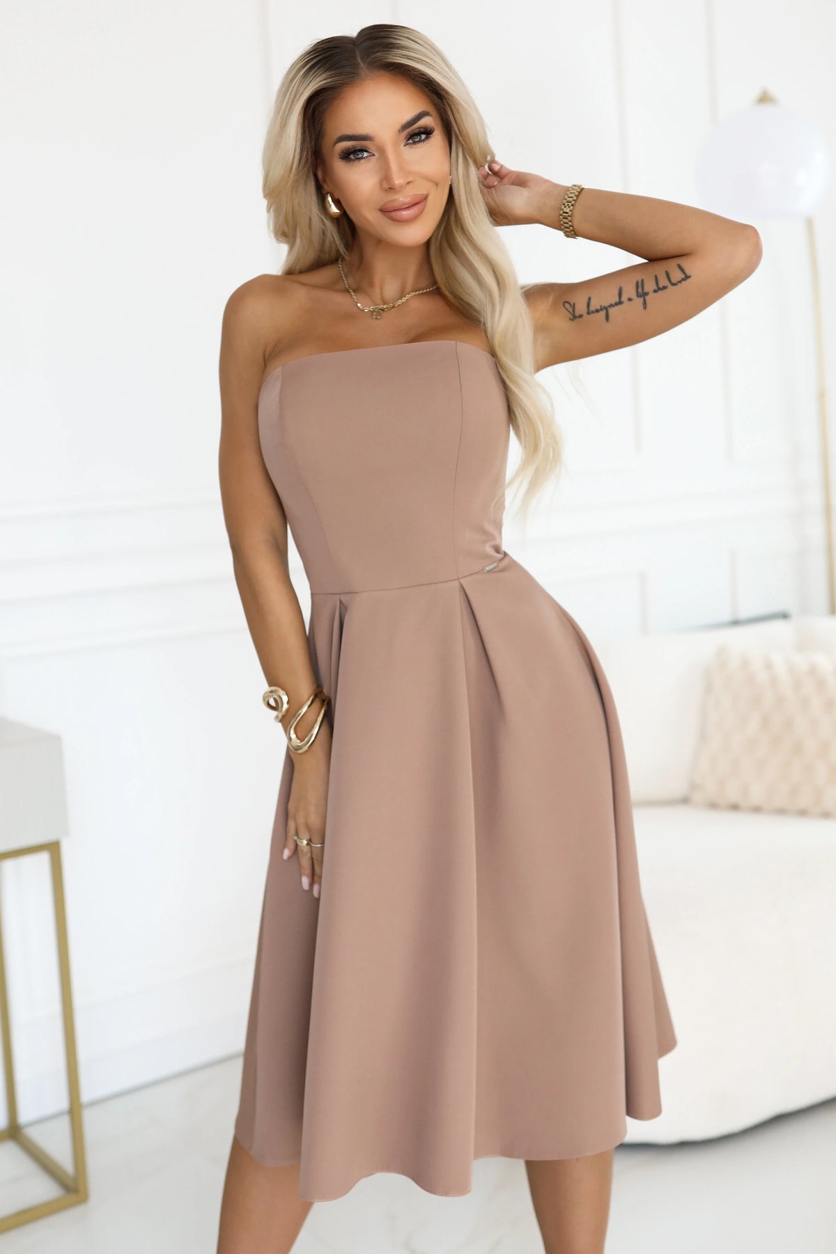 VIVIENNE corset flared midi dress for special occasions – Beige