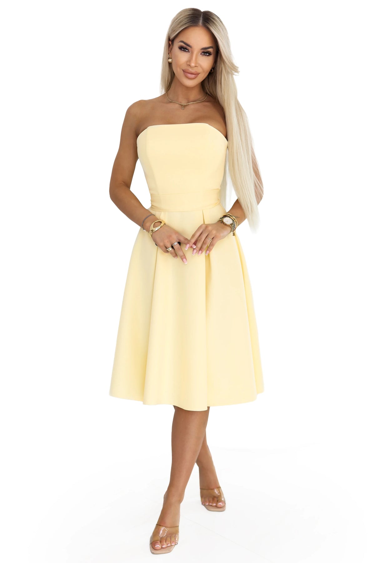 VIVIENNE Corset Flared Midi Dress with Belt – Pastel Yellow