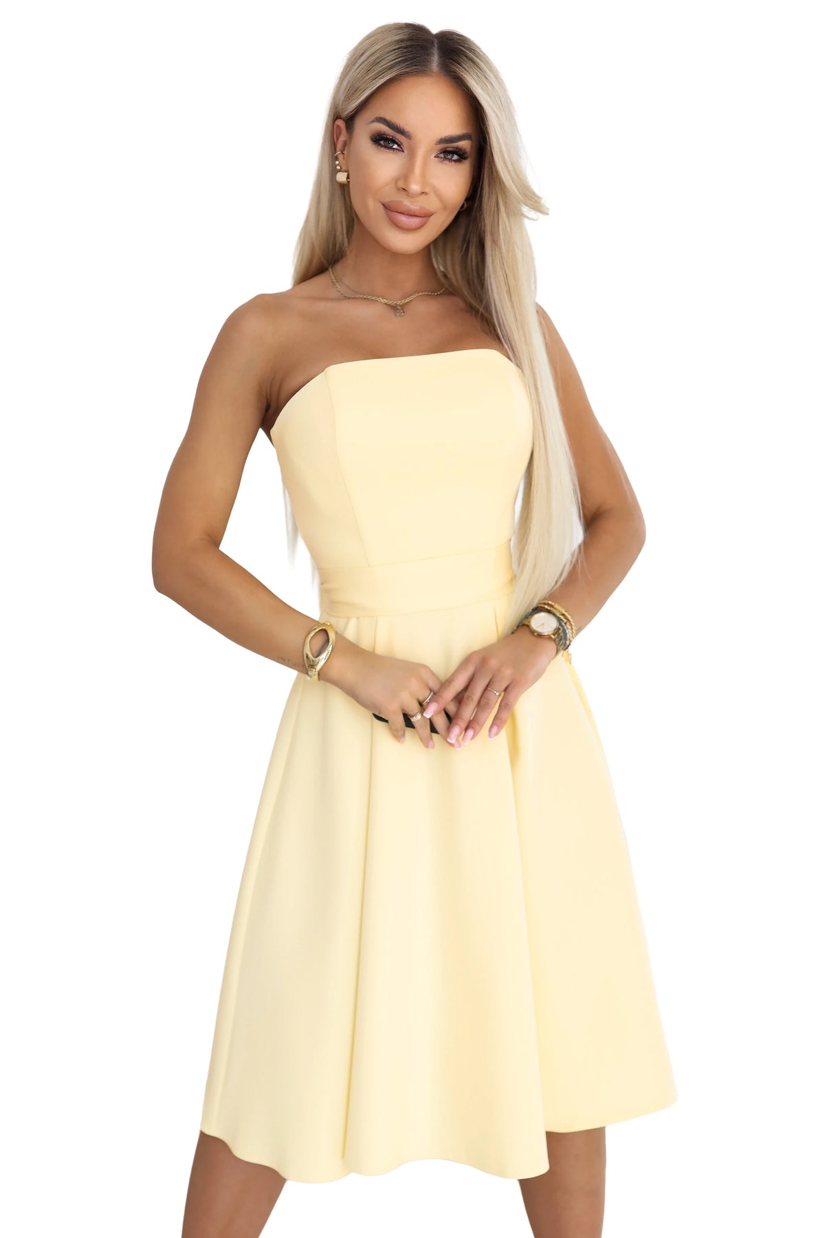 VIVIENNE Corset Flared Midi Dress with Belt – Pastel Yellow