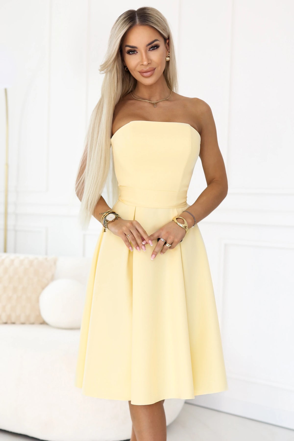 VIVIENNE Corset Flared Midi Dress with Belt – Pastel Yellow