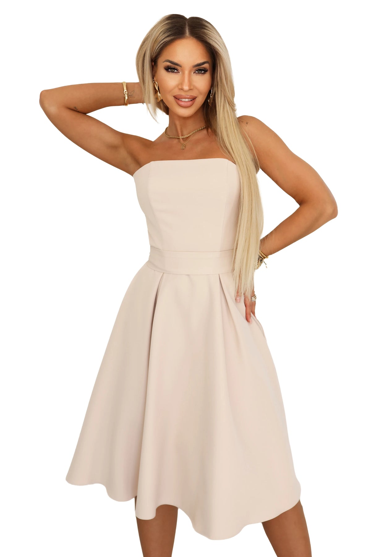 VIVIENNE Corset Flared Midi Dress with Belt – Light Beige