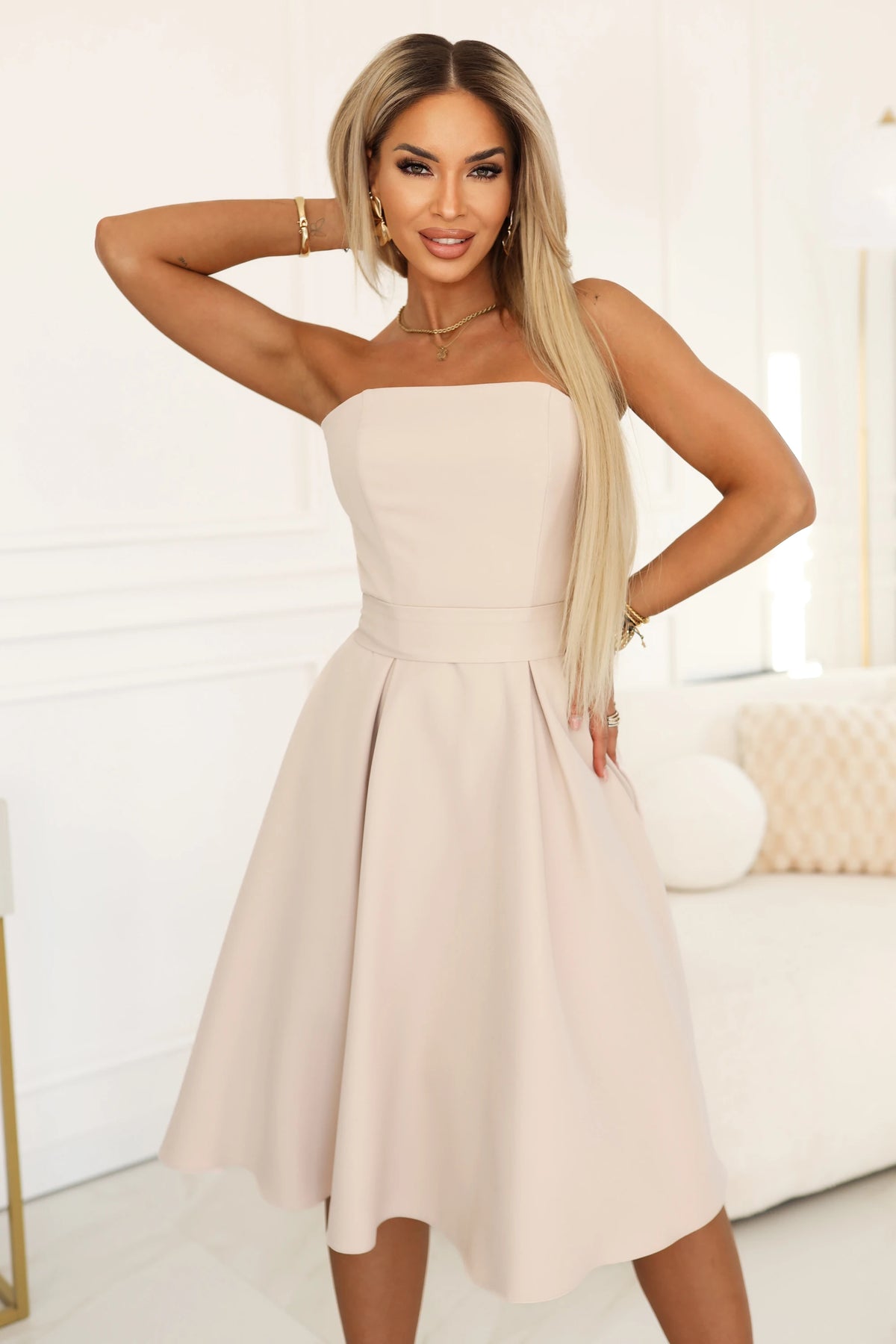 VIVIENNE Corset Flared Midi Dress with Belt – Light Beige