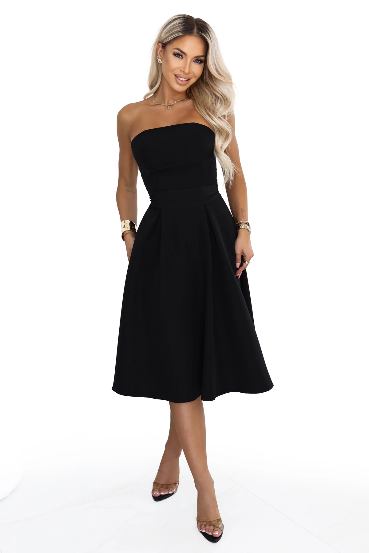 VIVIENNE Corset-style flared midi dress with a belt – Black