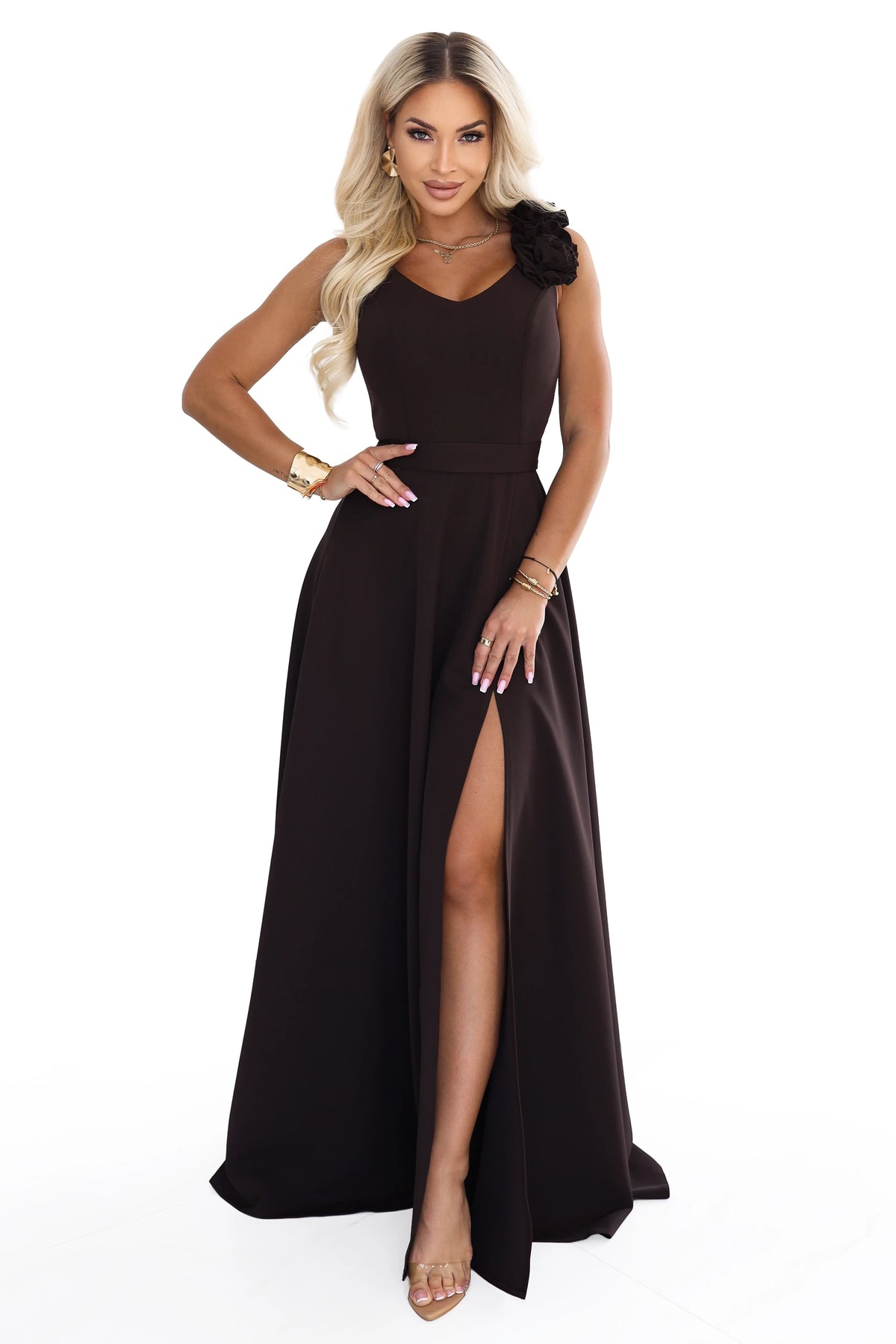 Elegant evening maxi dress with a slit and roses – Chocolate Brown