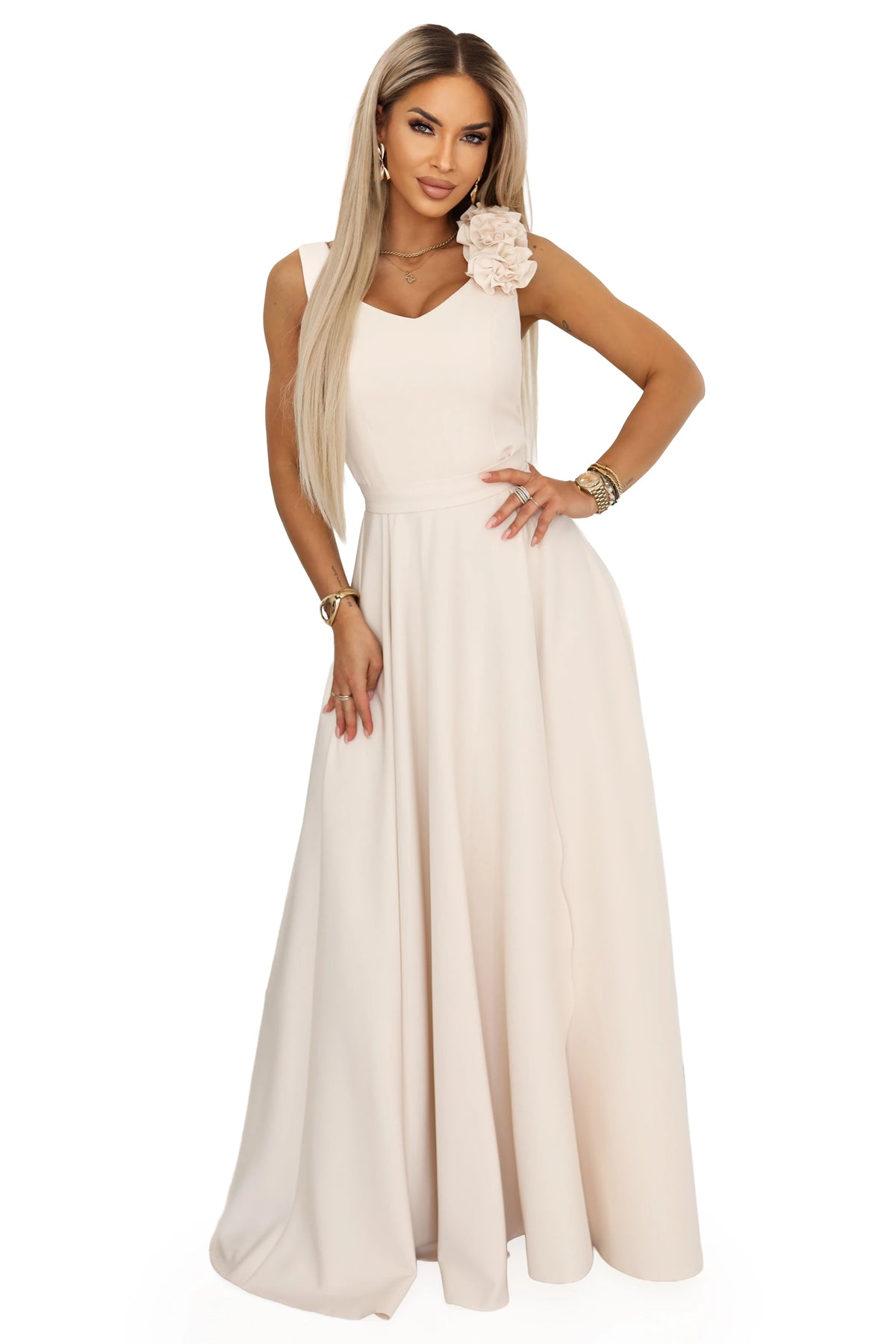 Elegant Evening Maxi Gown with Slit and Roses – Beige