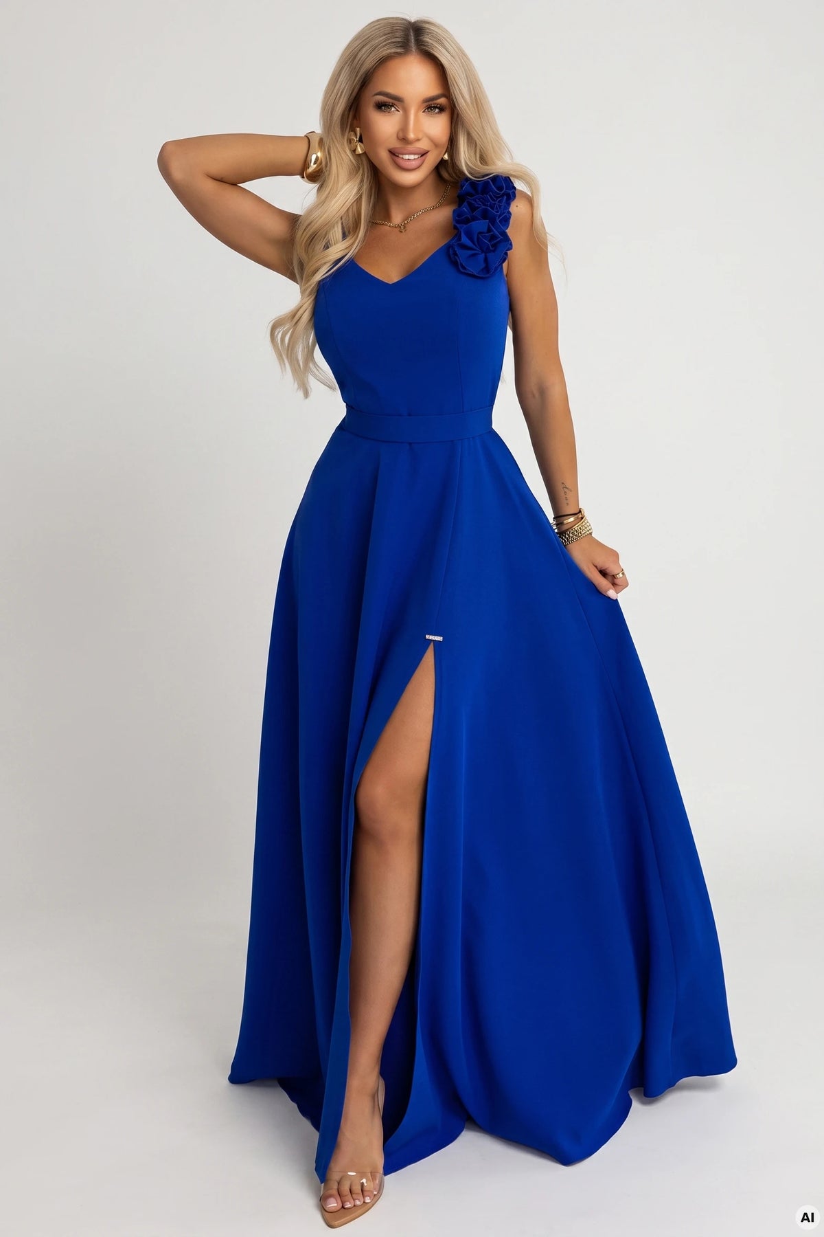 Elegant evening maxi dress with a slit and roses – Cornflower Blue