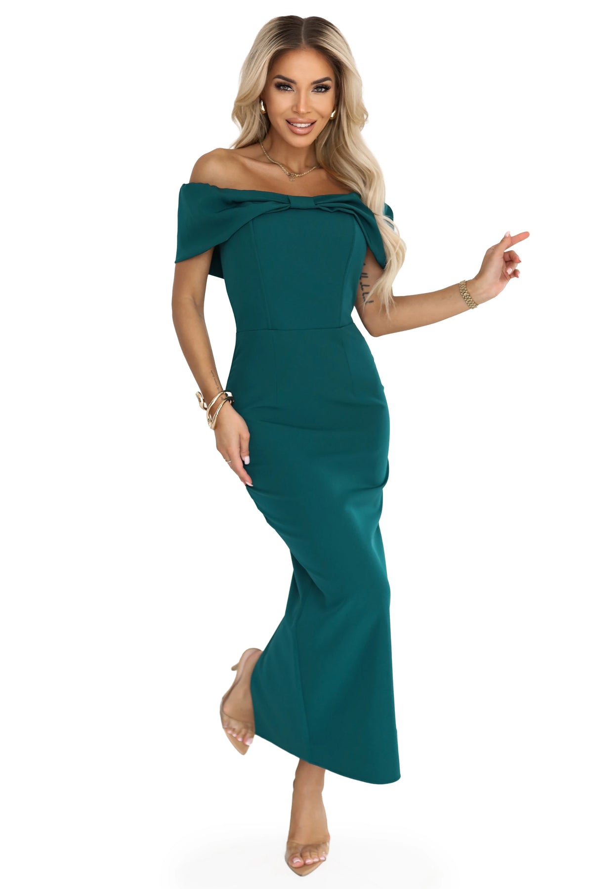Sensual midi dress with a bow at the neckline – Bottle Green