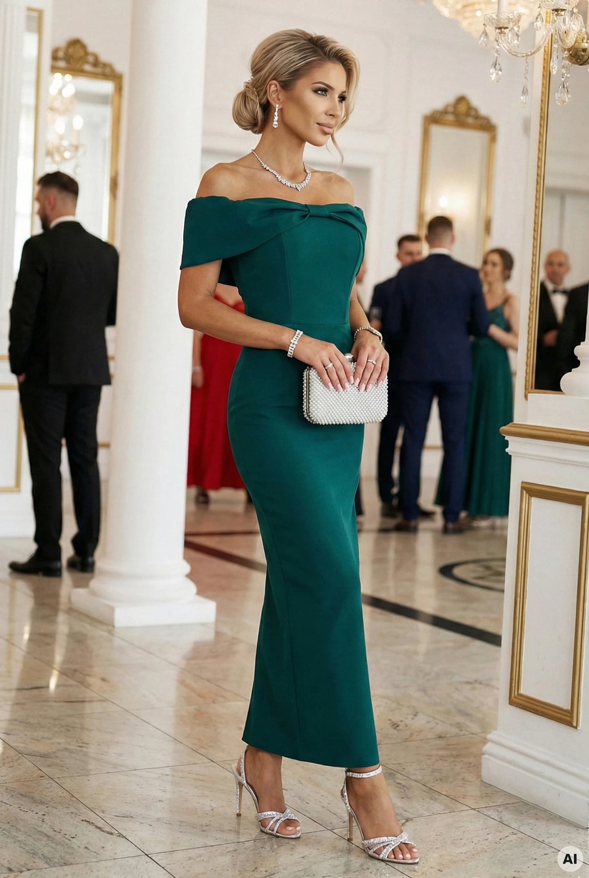 Sensual midi dress with a bow at the neckline – Bottle Green