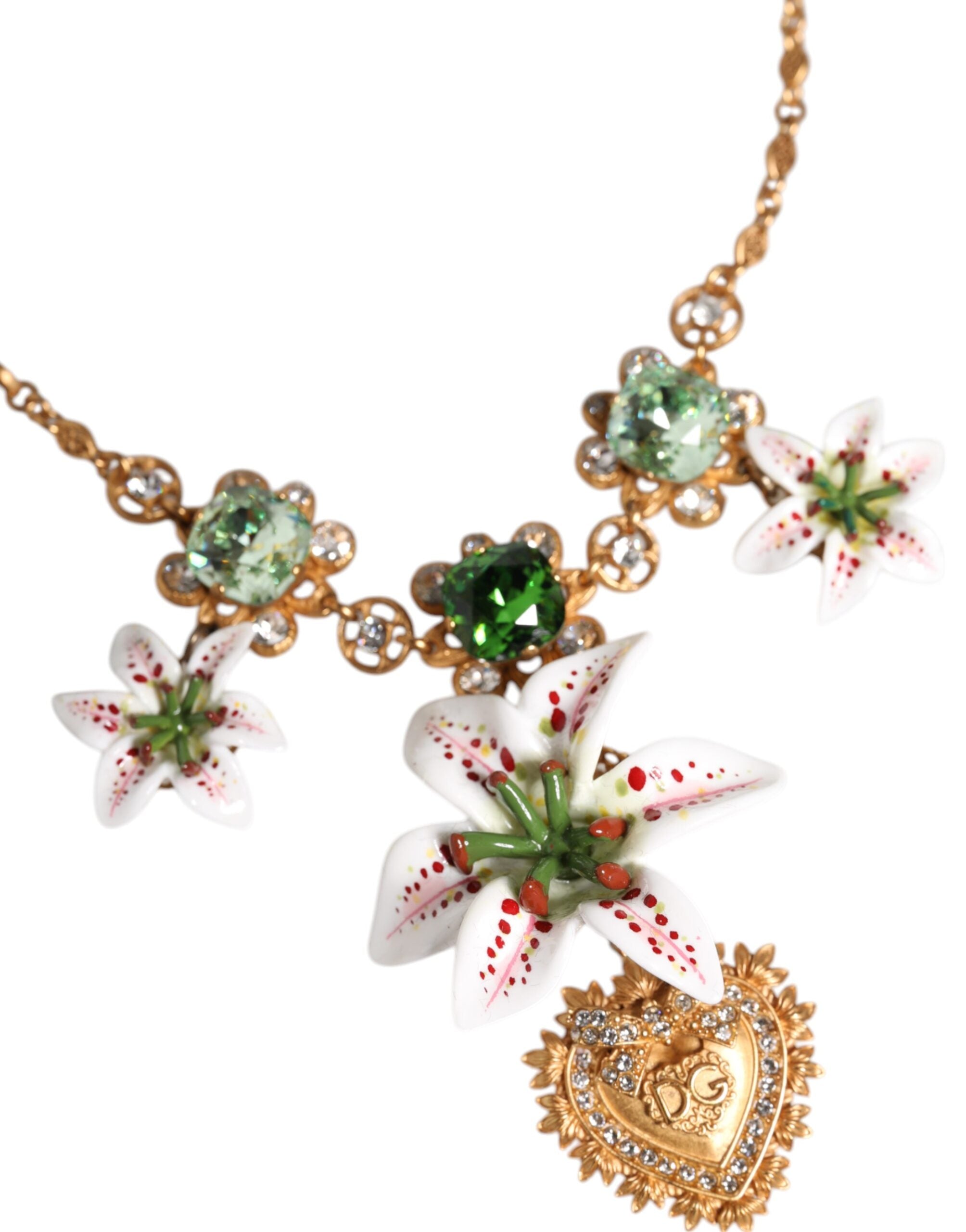 Náhrdelník s přívěskem z zlaté mosazi a lilie s krystaly a posvátným srdcem